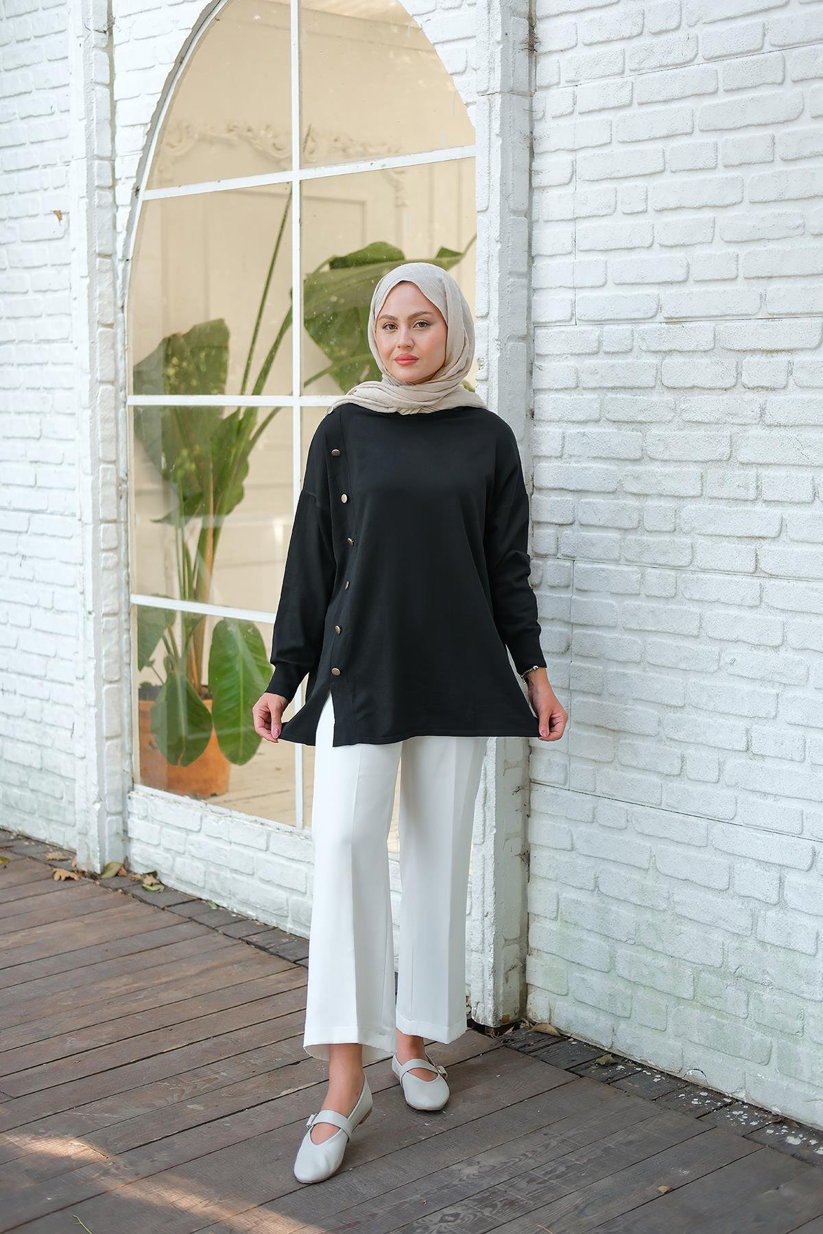 Ön Düğme Detay Tunik Siyah