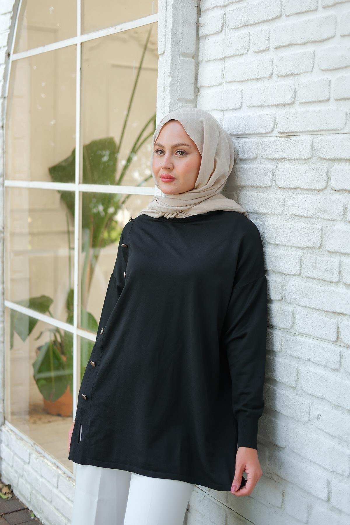 Ön Düğme Detay Tunik Siyah