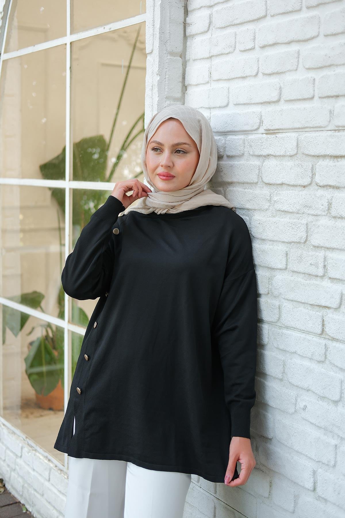 Ön Düğme Detay Tunik Siyah