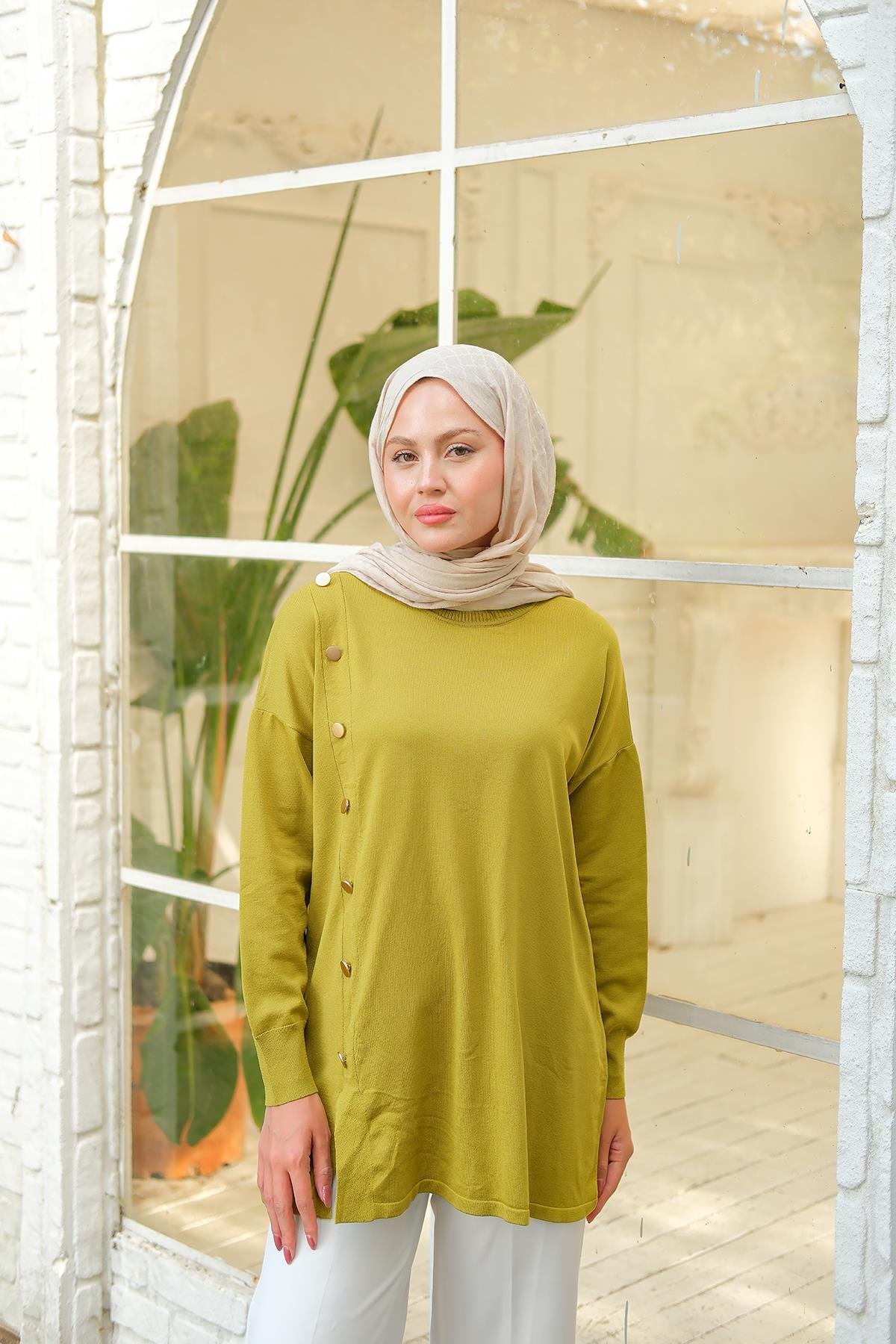 Ön Düğme Detay Tunik Yağ Yeşil