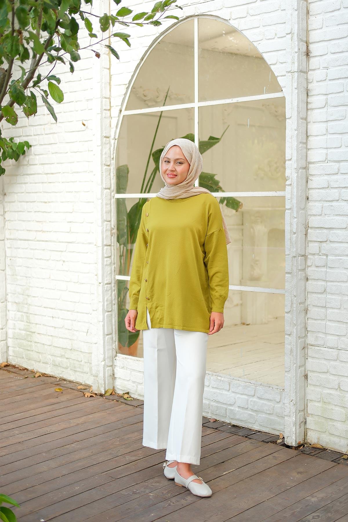 Ön Düğme Detay Tunik Yağ Yeşil