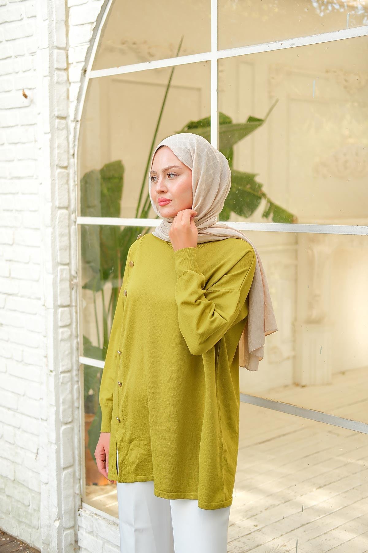 Ön Düğme Detay Tunik Yağ Yeşil