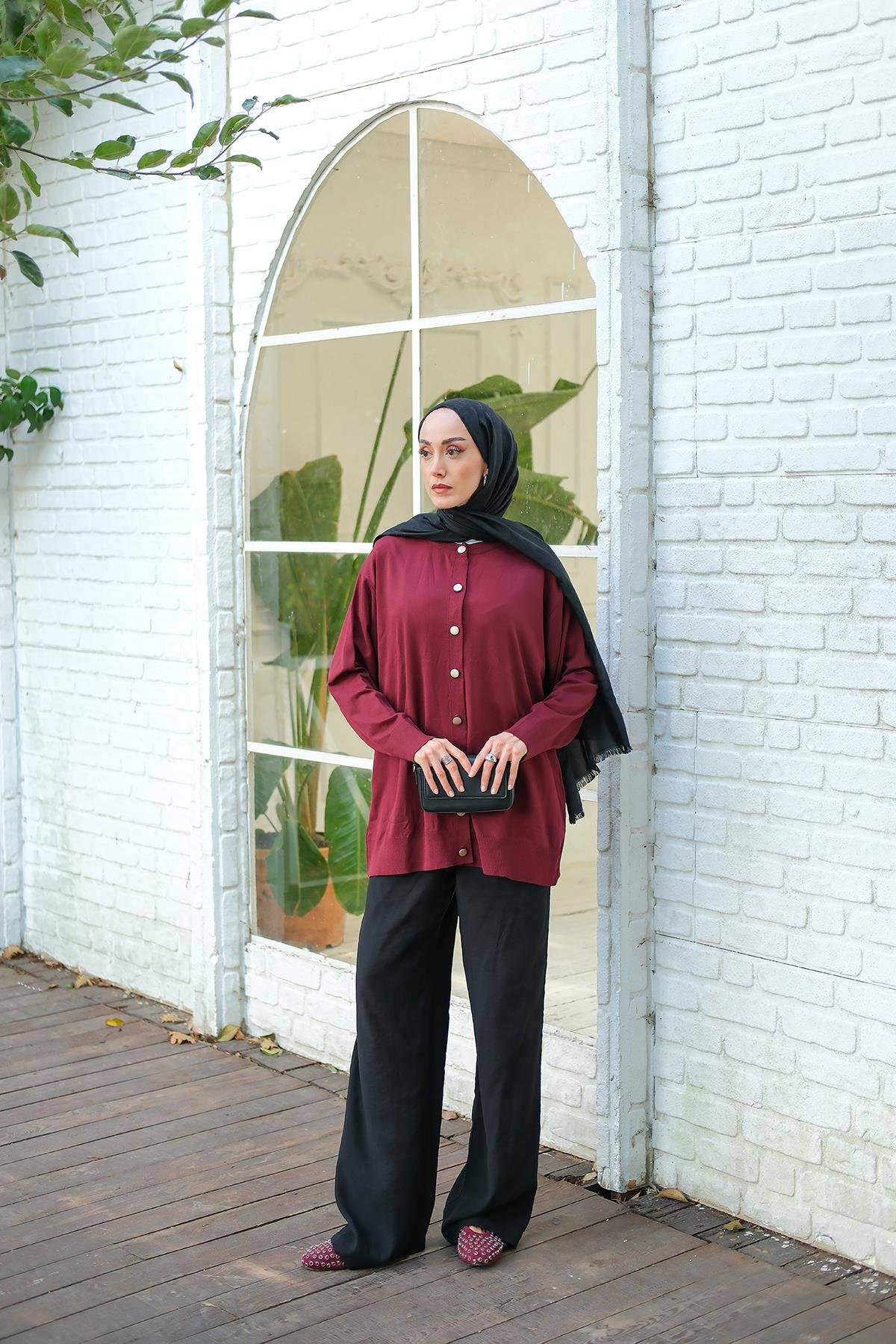 Ön Düğmeli Hırka Bordo