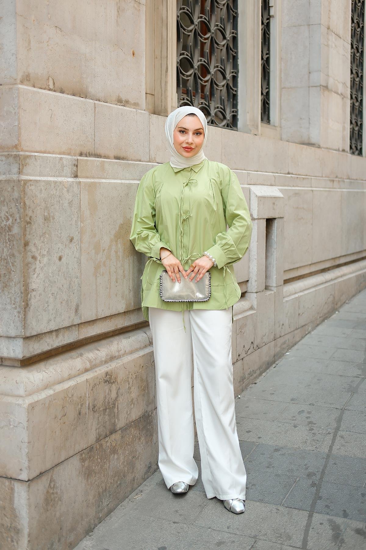 Ön Kurdele Detay Oval Kesim Gömlek  Fıstık Yeşil