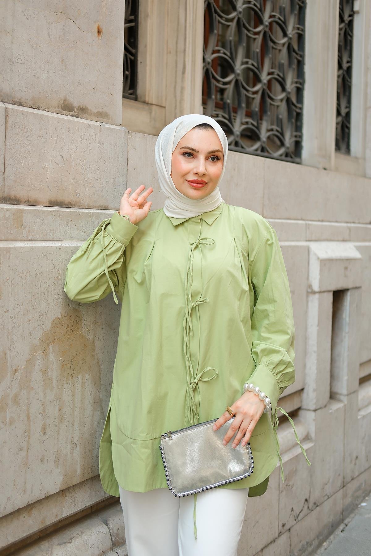 Ön Kurdele Detay Oval Kesim Gömlek  Fıstık Yeşil