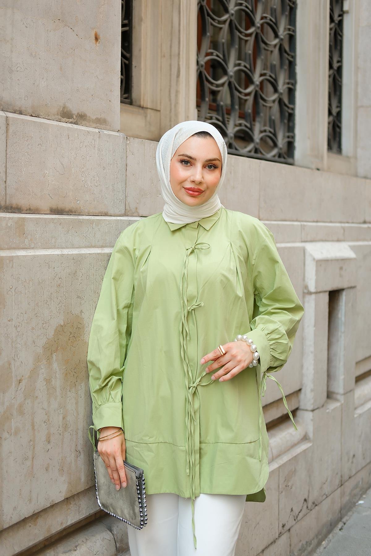 Ön Kurdele Detay Oval Kesim Gömlek  Fıstık Yeşil