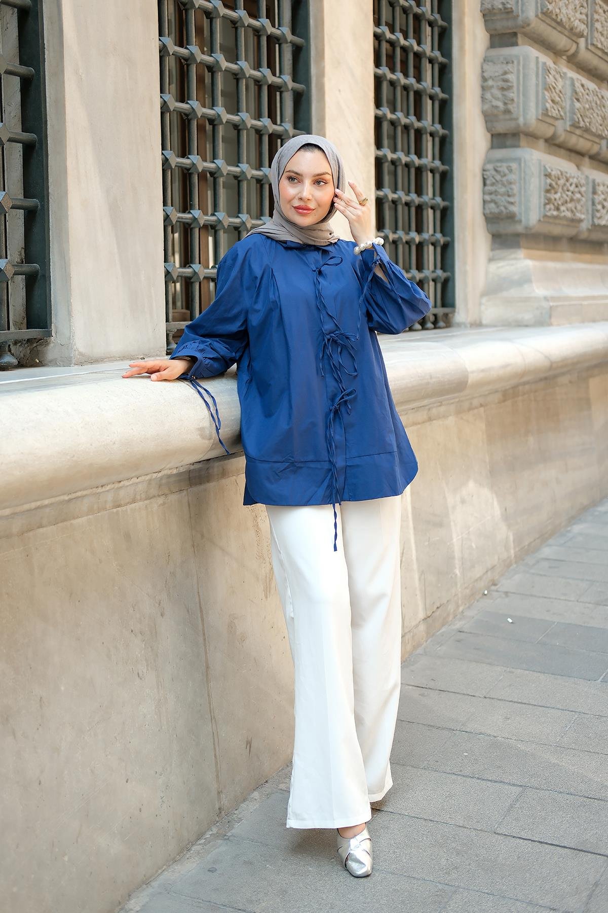 Ön Kurdele Detay Oval Kesim Gömlek Lacivert