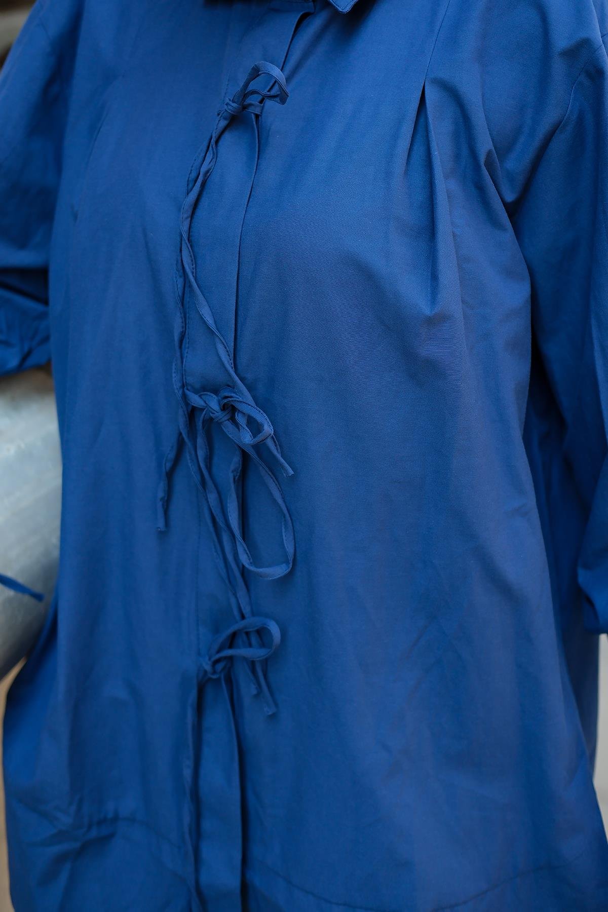 Ön Kurdele Detay Oval Kesim Gömlek Lacivert