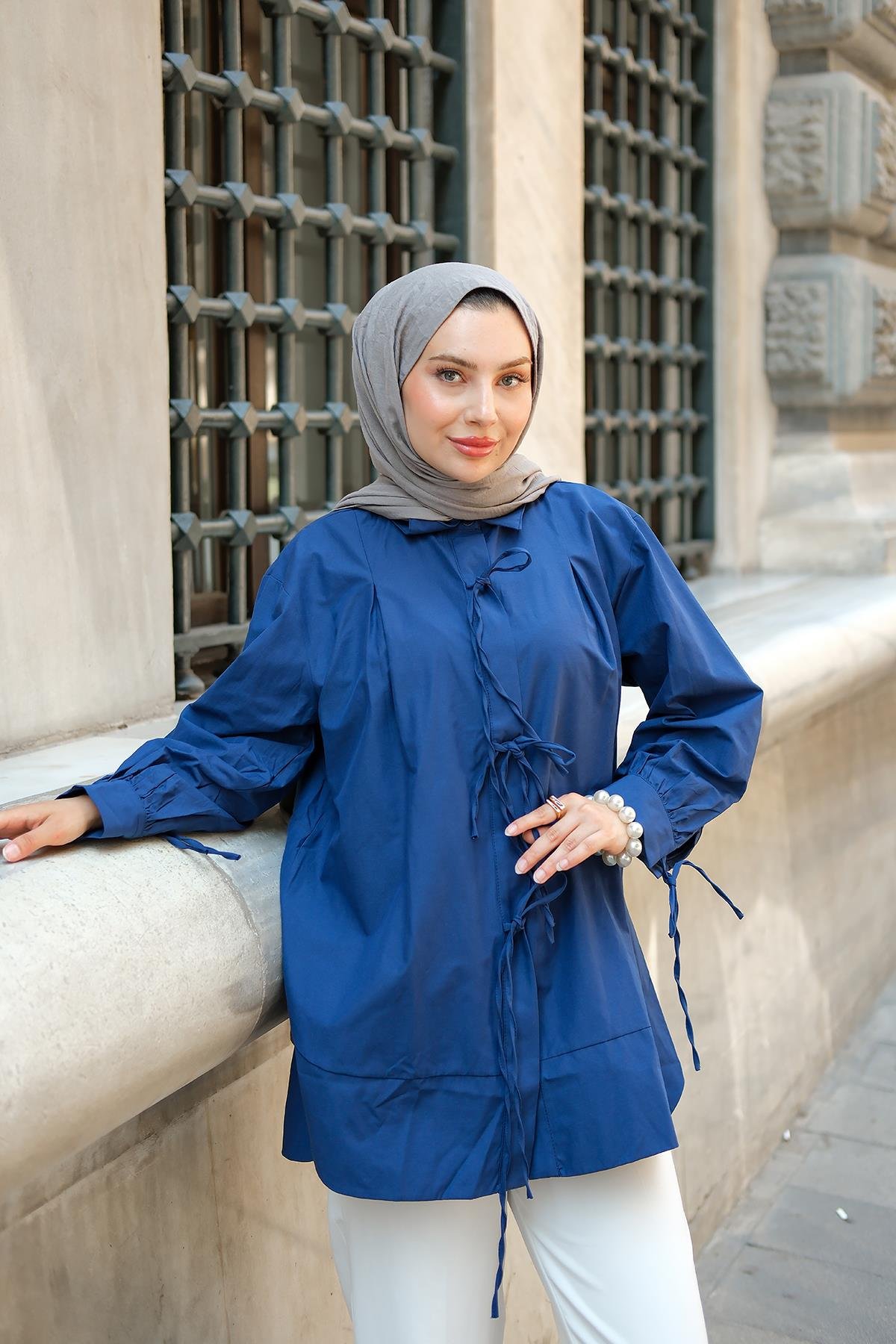 Ön Kurdele Detay Oval Kesim Gömlek Lacivert