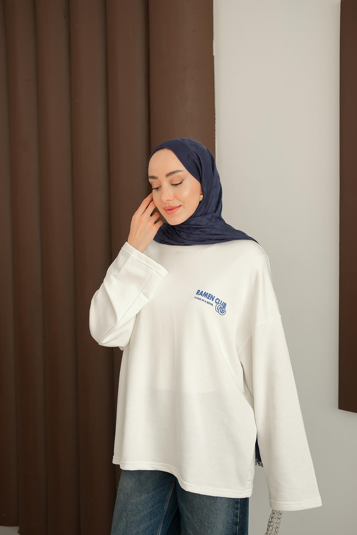 Ön Ve Arka Yazı Baskılı Sweat Beyaz