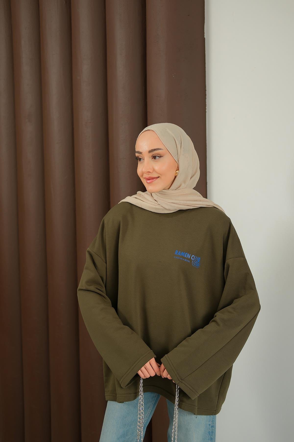 Ön Ve Arka Yazı Baskılı Sweat Haki Yeşil