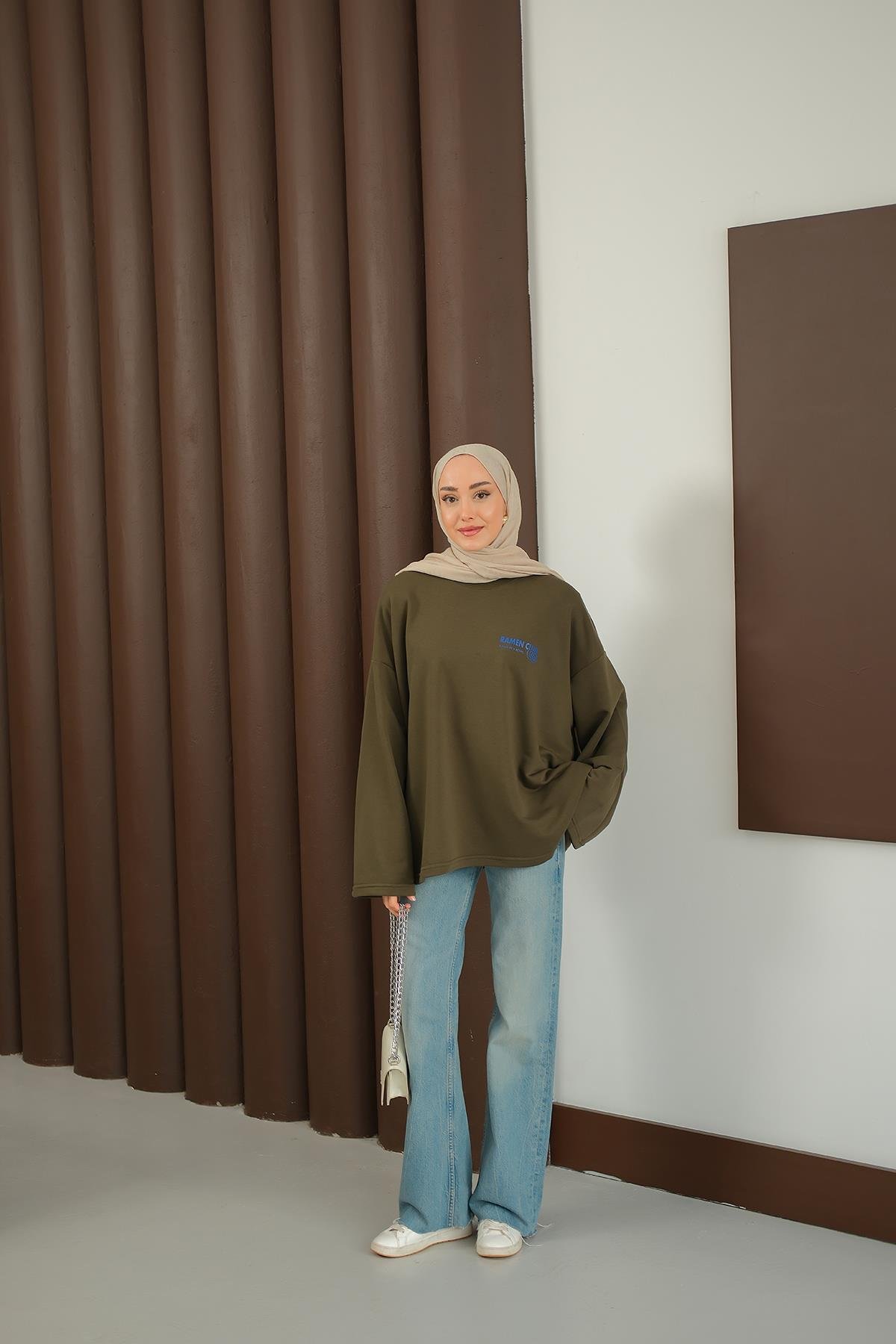 Ön Ve Arka Yazı Baskılı Sweat Haki Yeşil