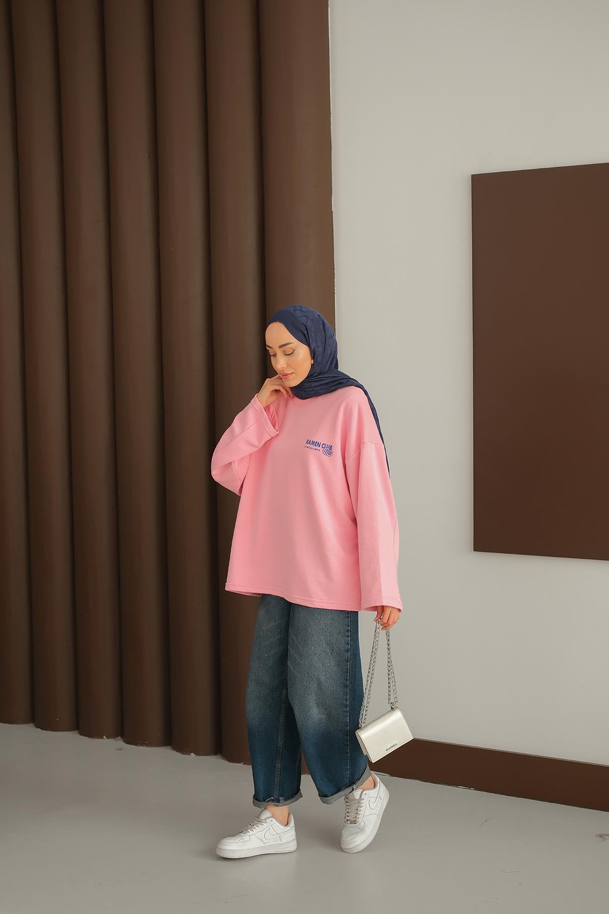 Ön Ve Arka Yazı Baskılı Sweat Pembe