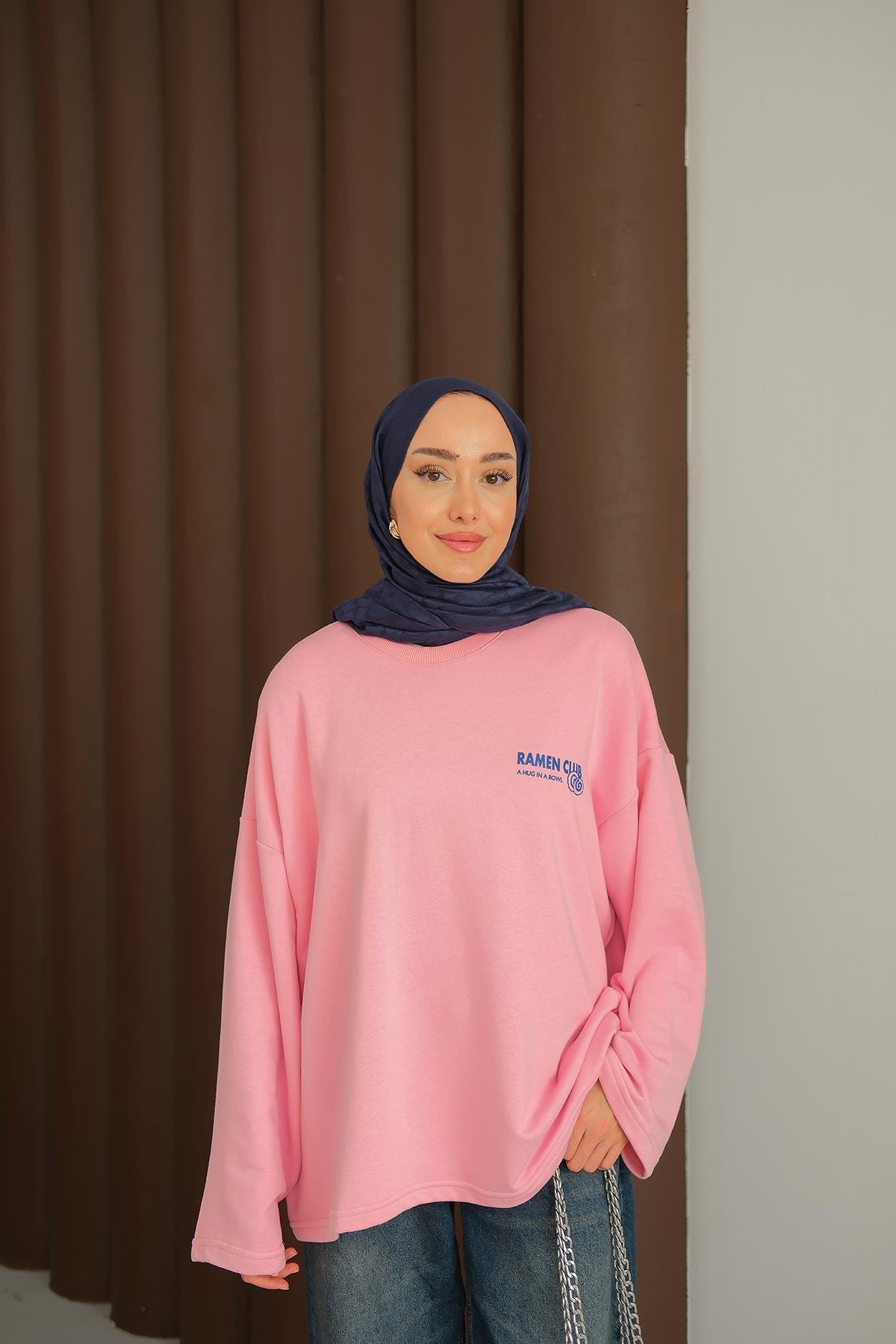 Ön Ve Arka Yazı Baskılı Sweat Pembe