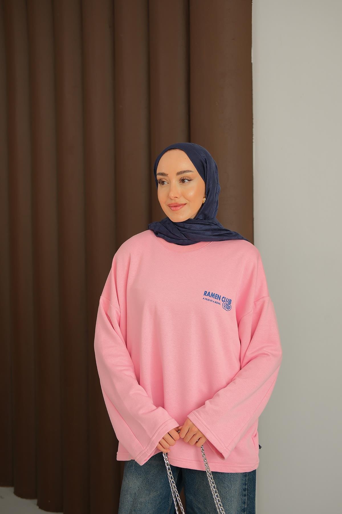 Ön Ve Arka Yazı Baskılı Sweat Pembe