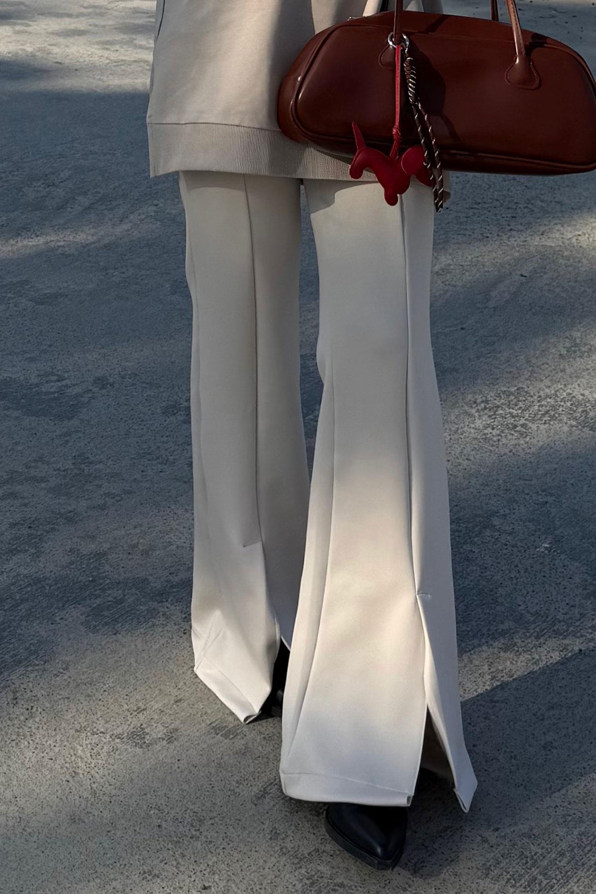 Ön Yırtmaçlı Scuba Pantolon Krem