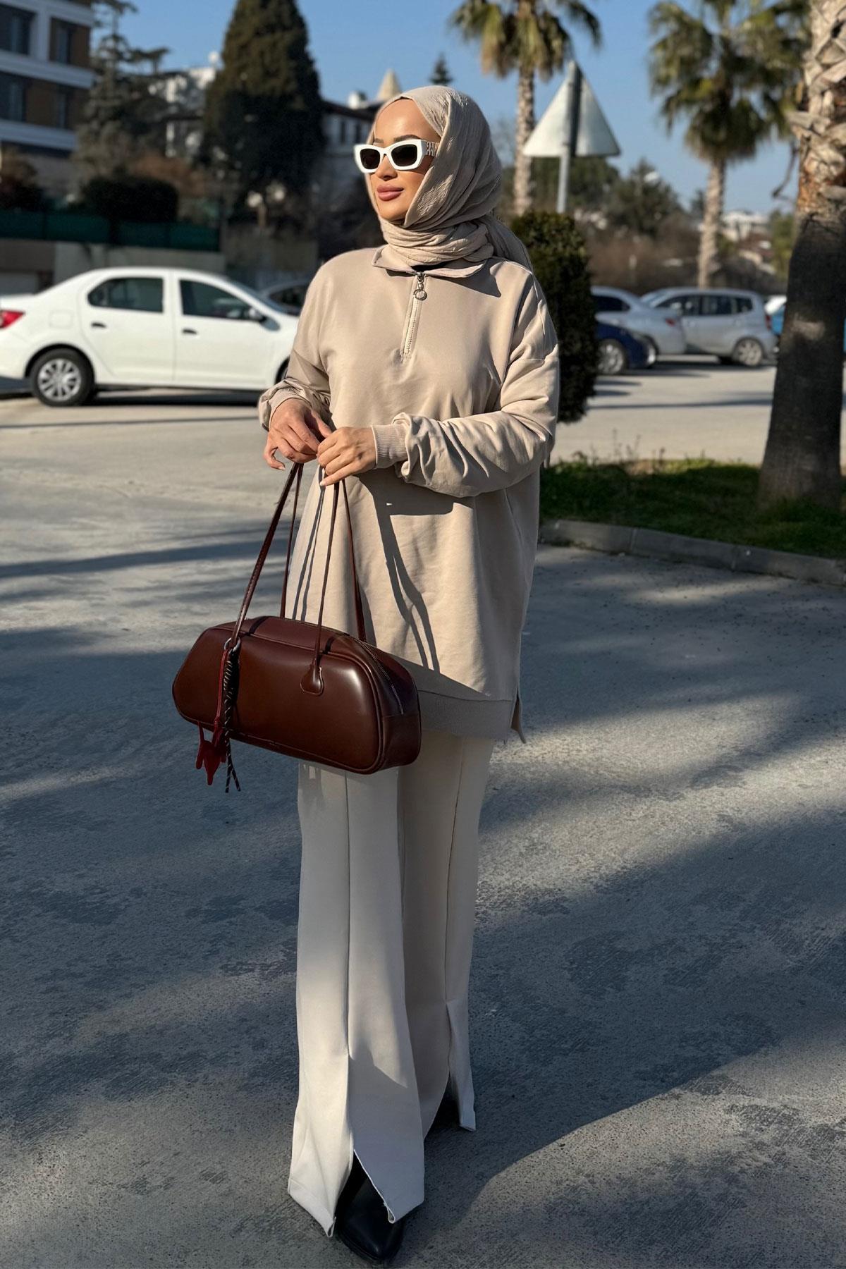 Ön Yırtmaçlı Scuba Pantolon Krem