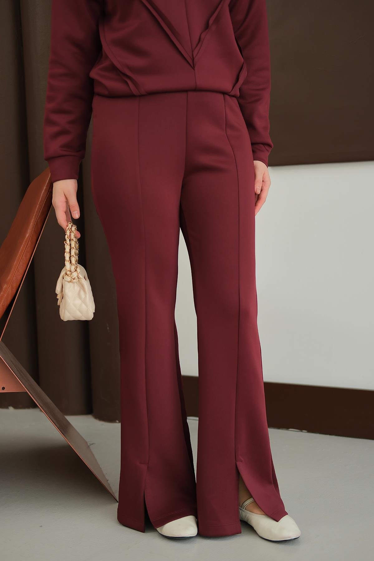 Ön Yırtmaçlı Scuba Pantolon  Mürdüm