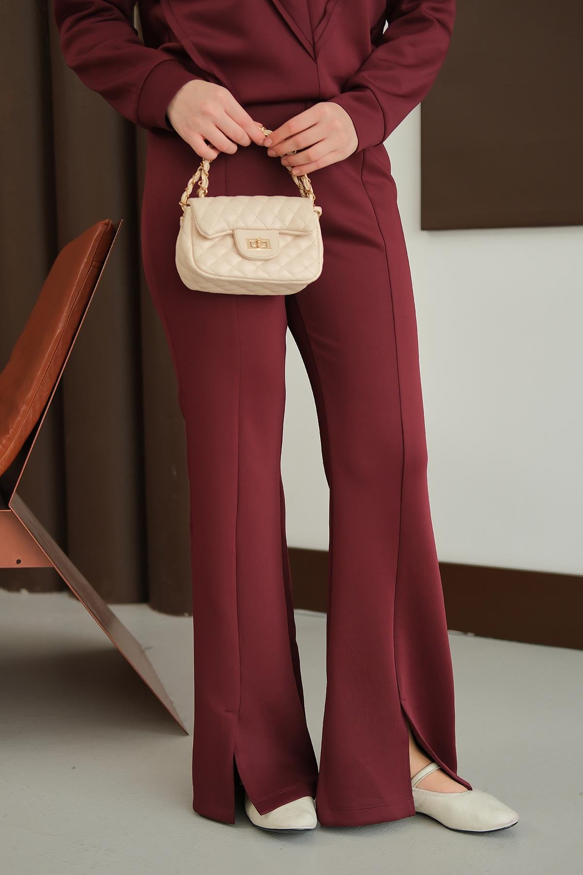 Ön Yırtmaçlı Scuba Pantolon  Mürdüm