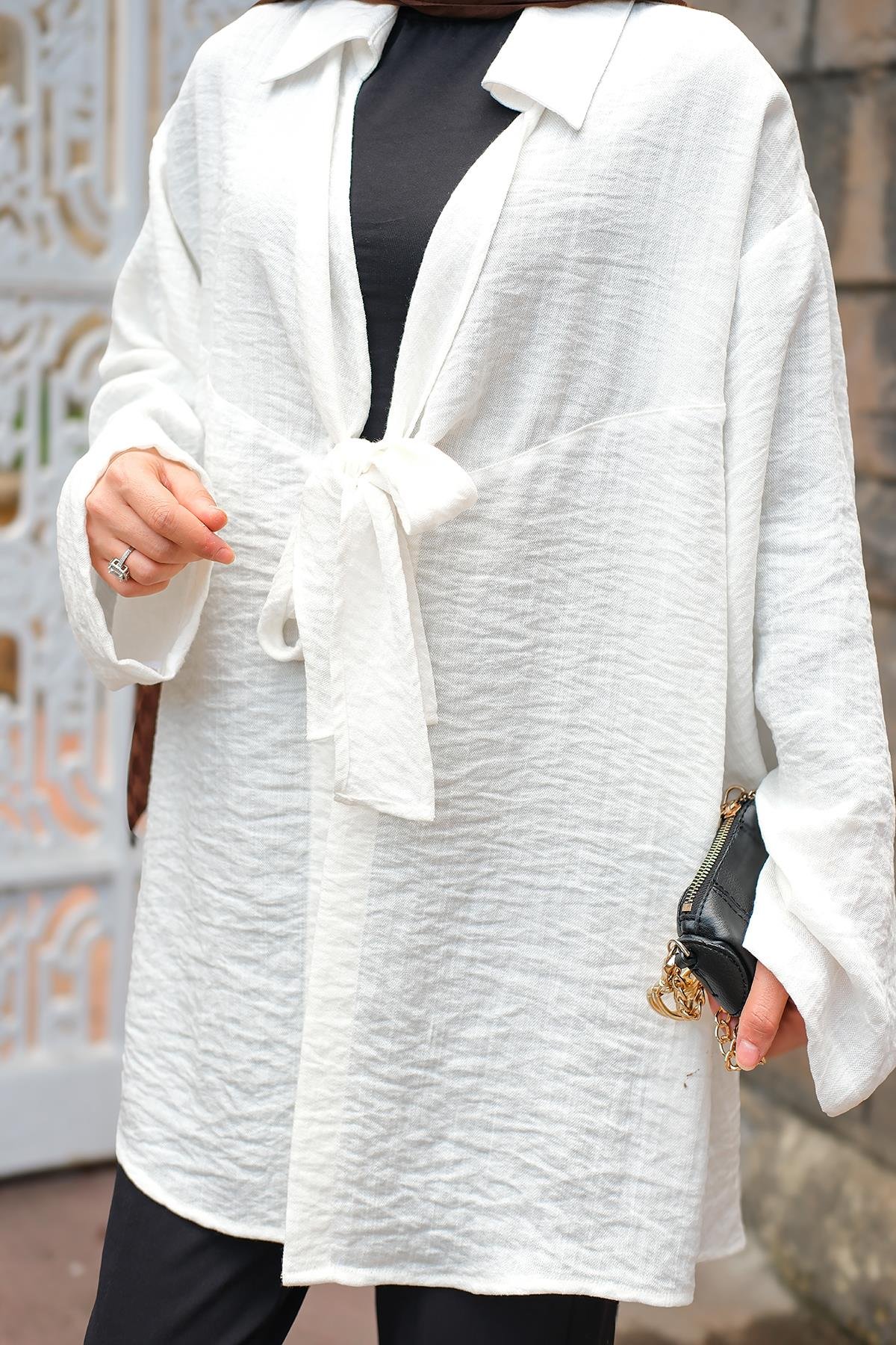 Önden Bağlamalı Ceket Ekru