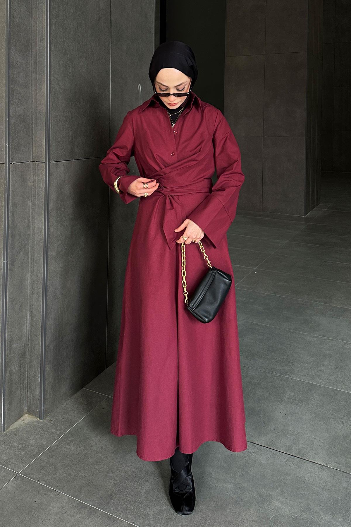 Önden Bağlamalı Elbise Bordo