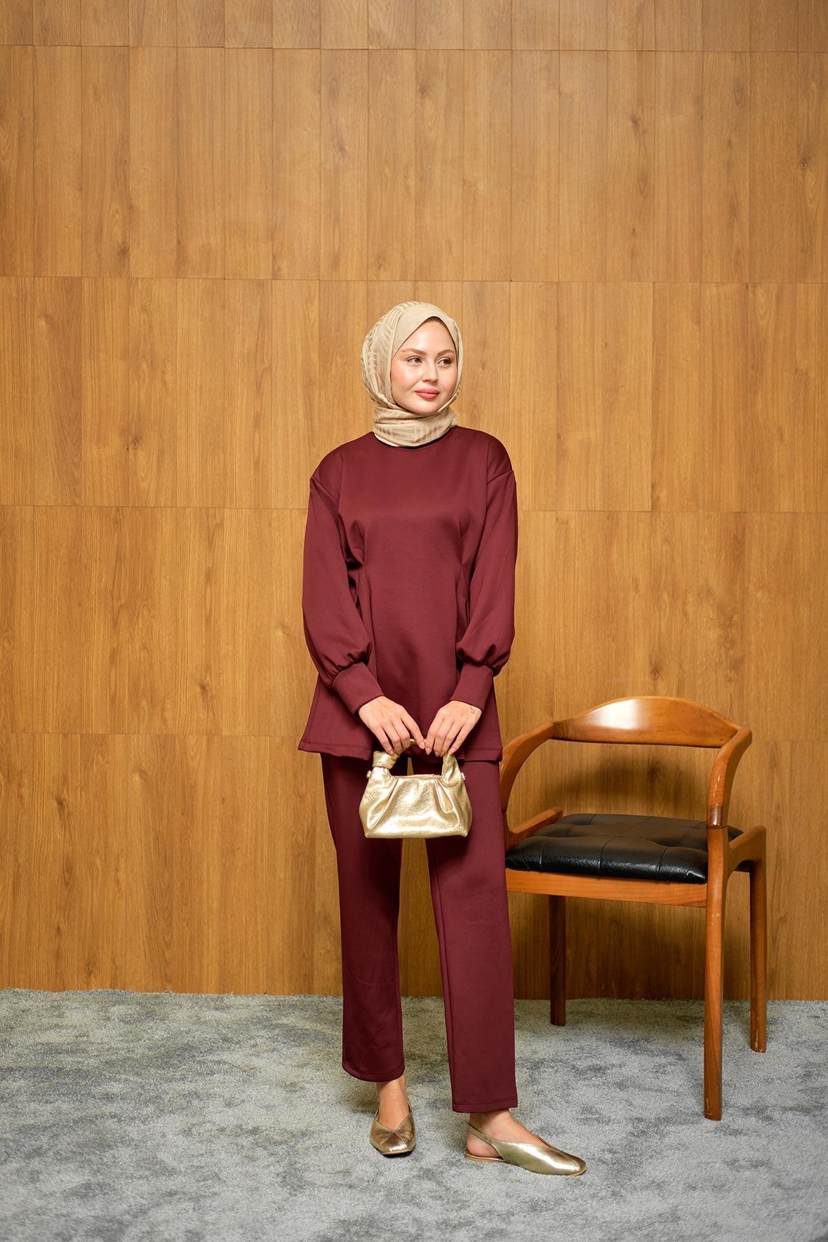 Önden Pileli Takım Bordo