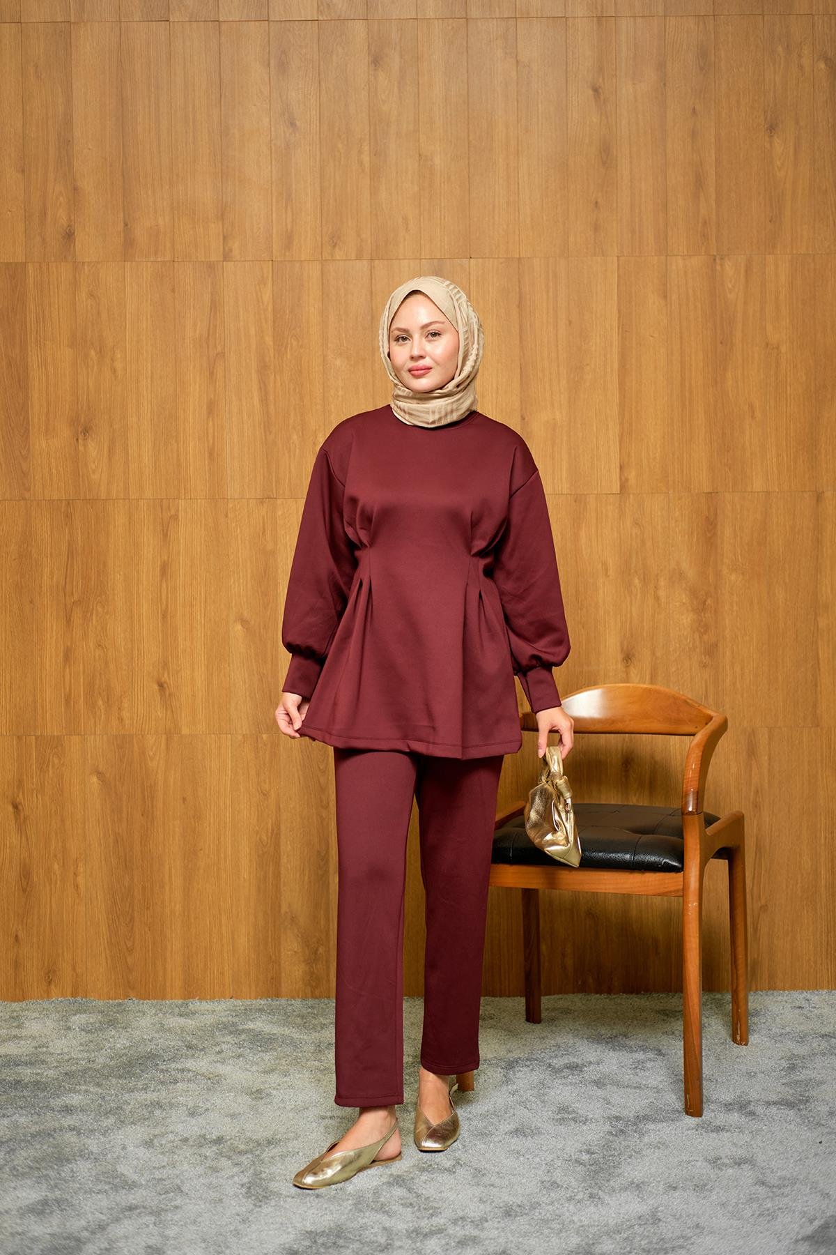 Önden Pileli Takım Bordo