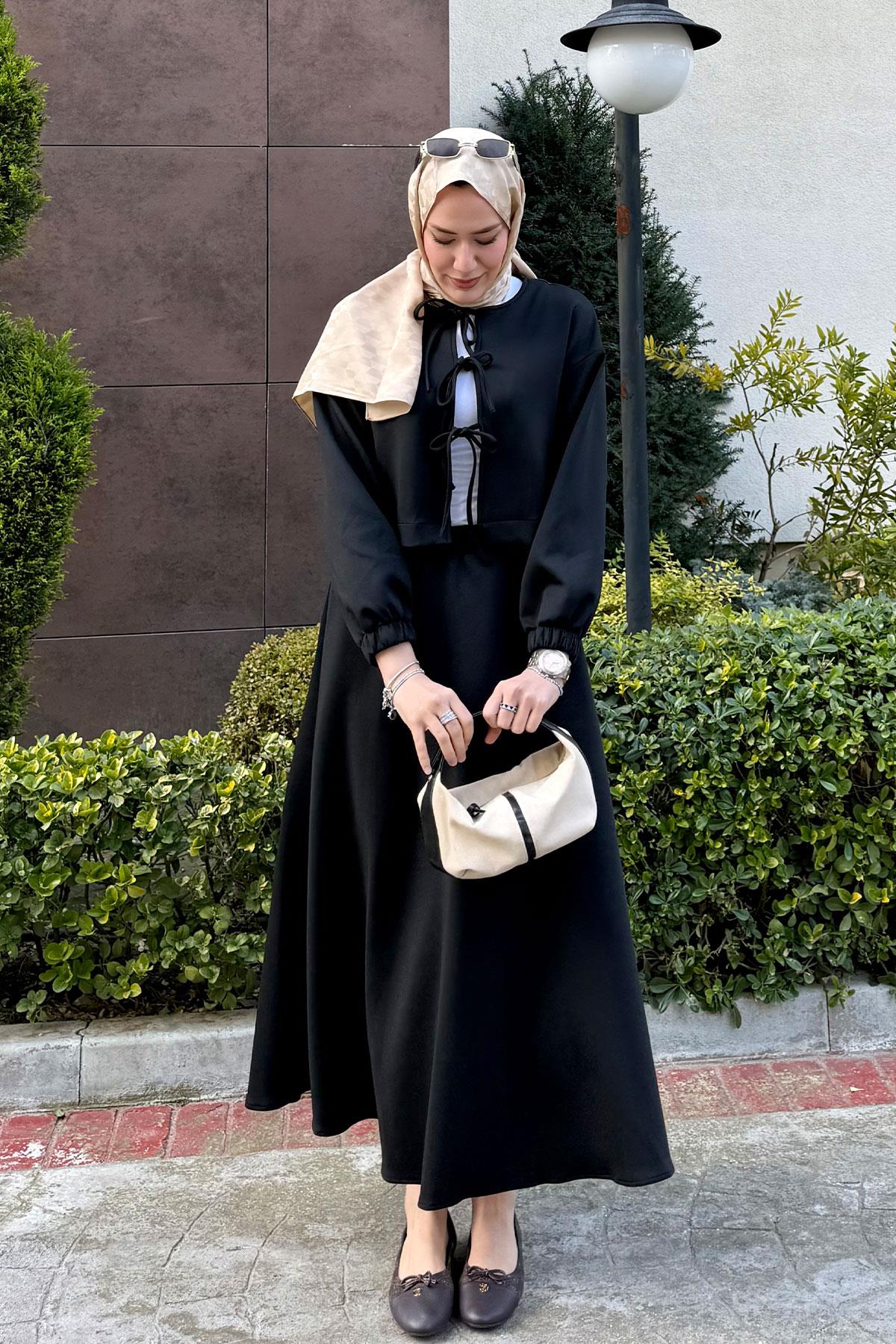 Önü Bağlamalı Etekli Takım Siyah