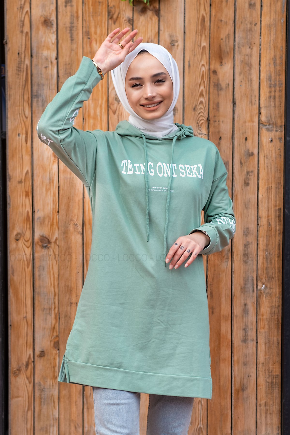 Uygun Fiyatlı ONU BASKILI KAPSONLU TUNIK MINT YESIL | Loccomoda.com 
