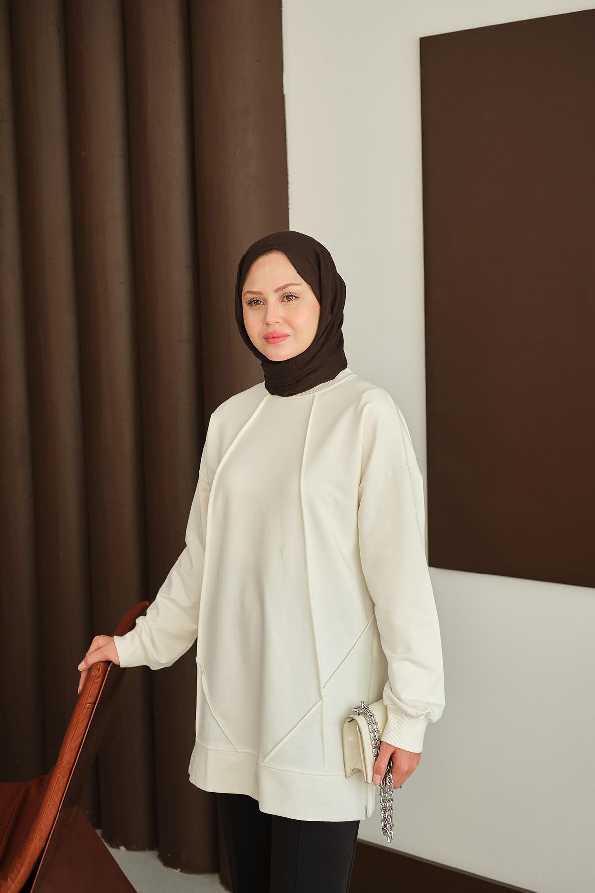 Önü Dikiş Detay Tunik Beyaz