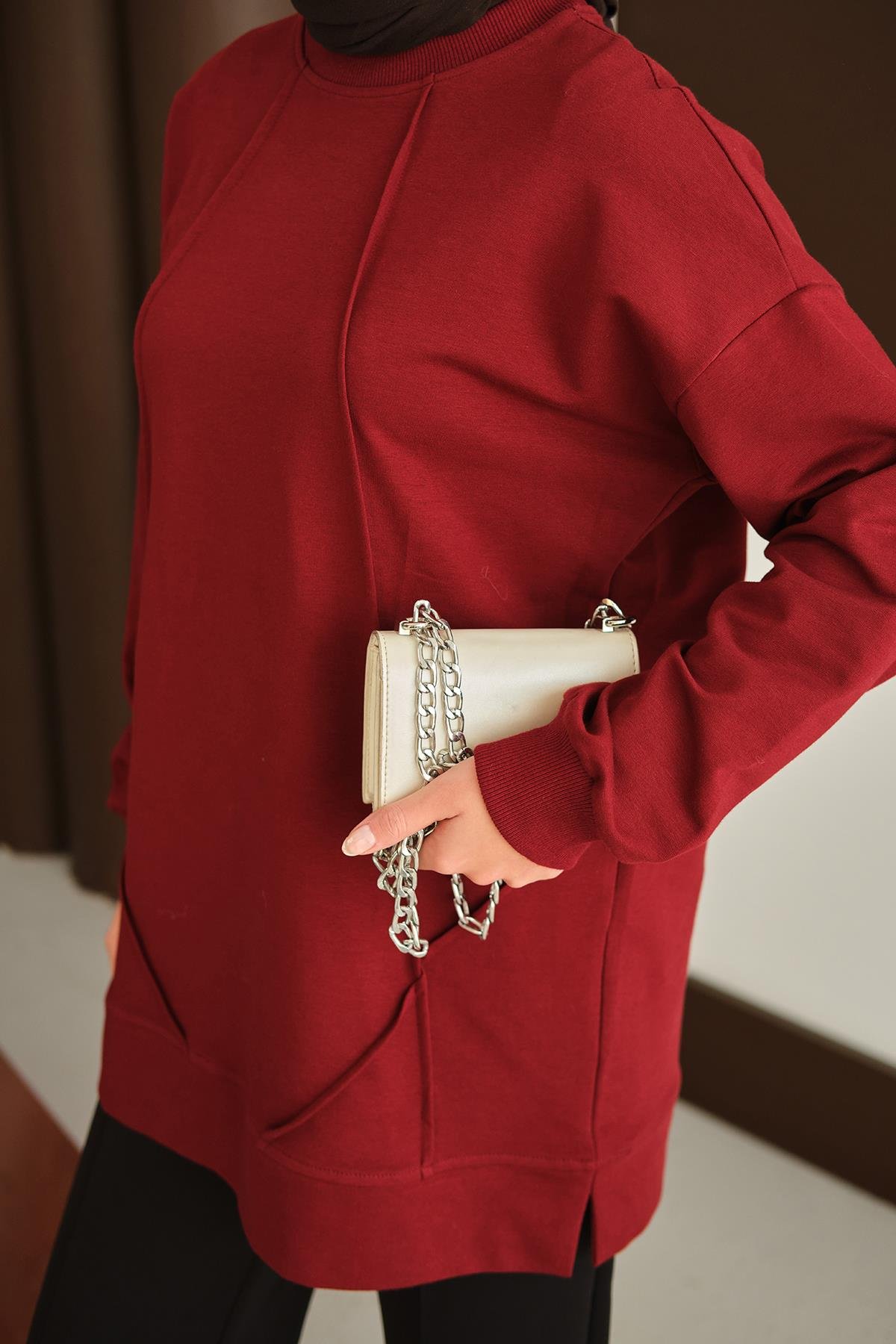 Önü Dikiş Detay Tunik Bordo