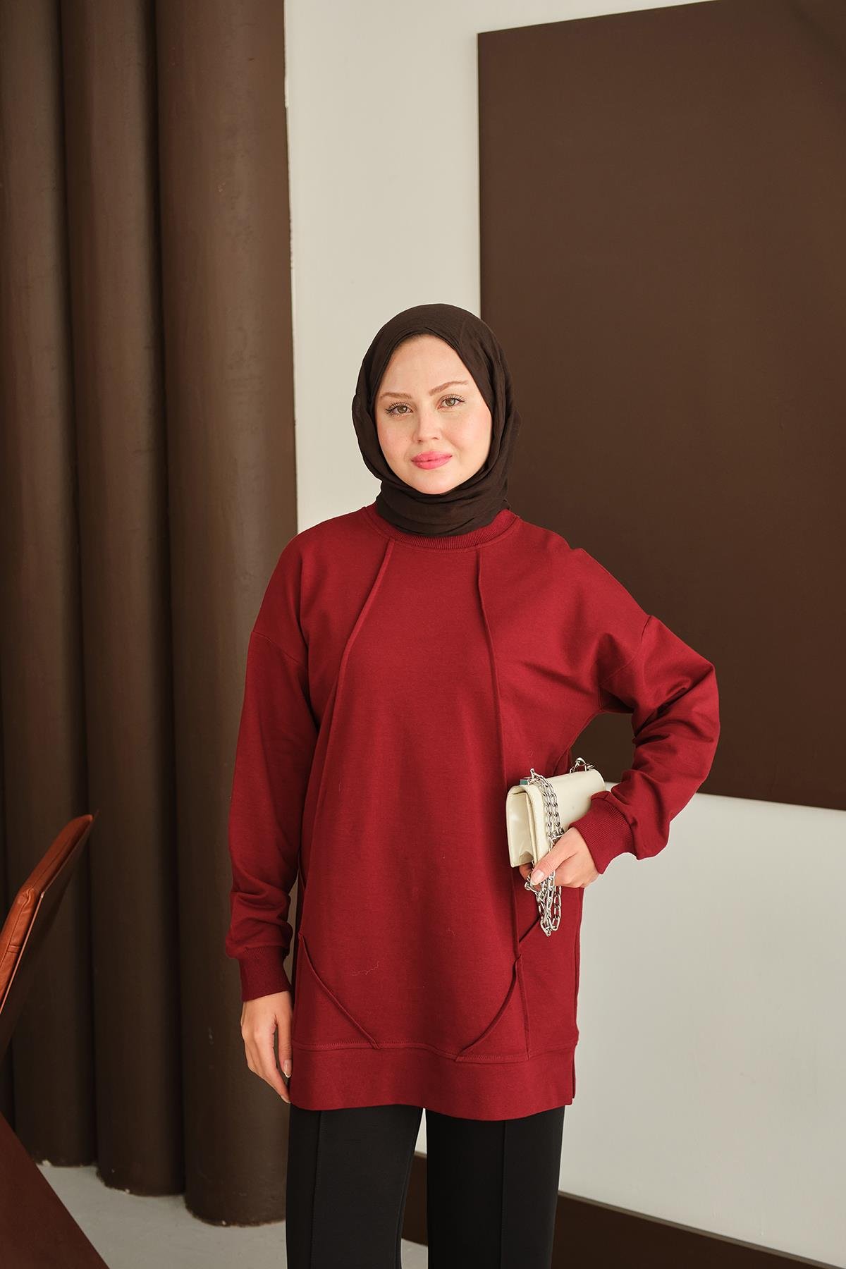 Önü Dikiş Detay Tunik Bordo
