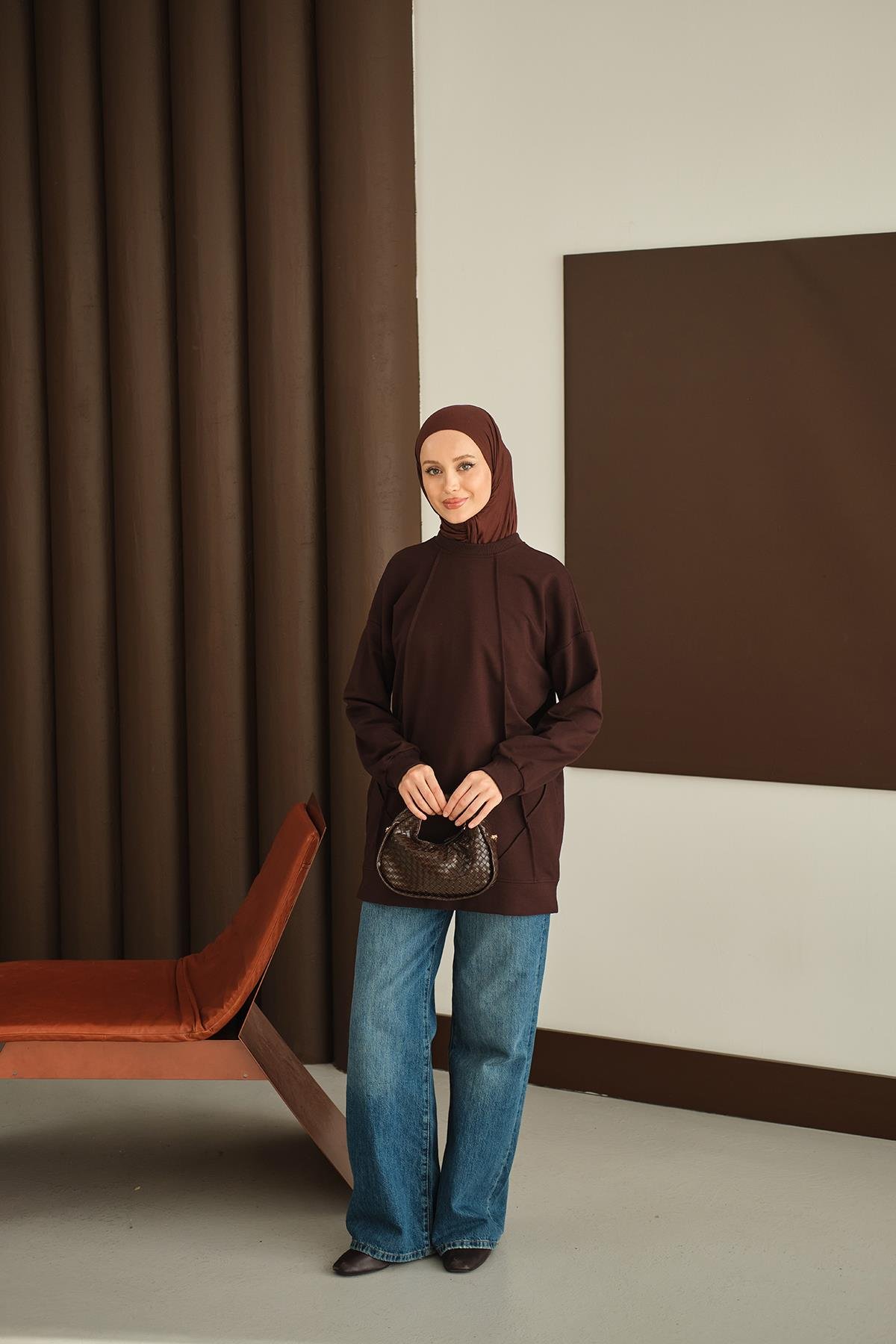 Önü Dikiş Detay Tunik Kahverengi