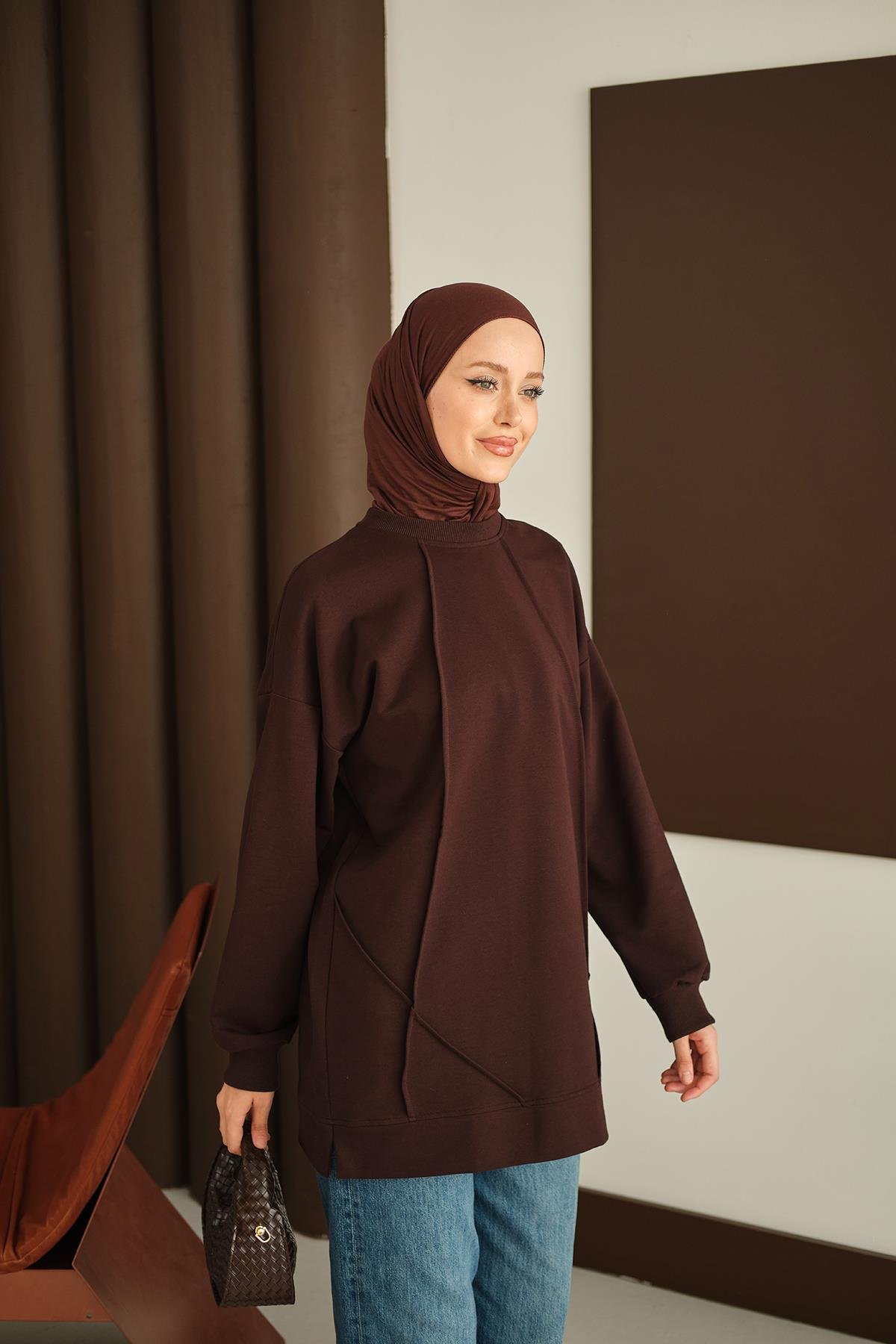 Önü Dikiş Detay Tunik Kahverengi