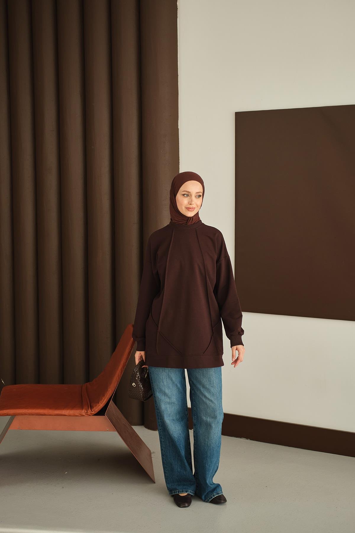 Önü Dikiş Detay Tunik Kahverengi