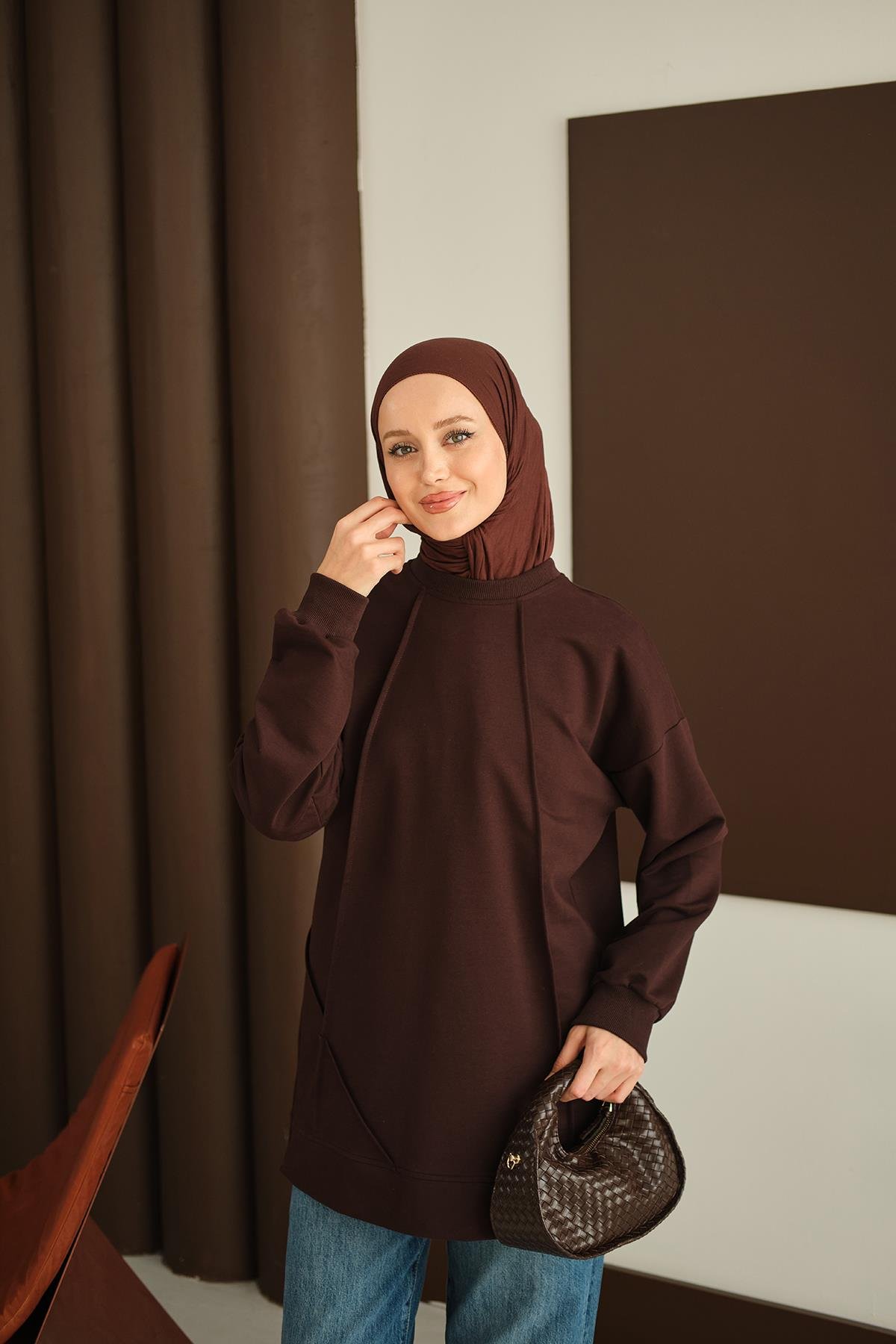 Önü Dikiş Detay Tunik Kahverengi