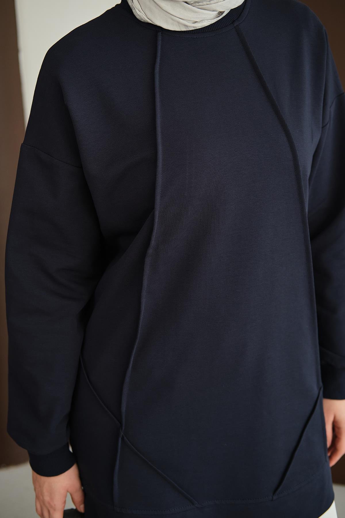 Önü Dikiş Detay Tunik Lacivert