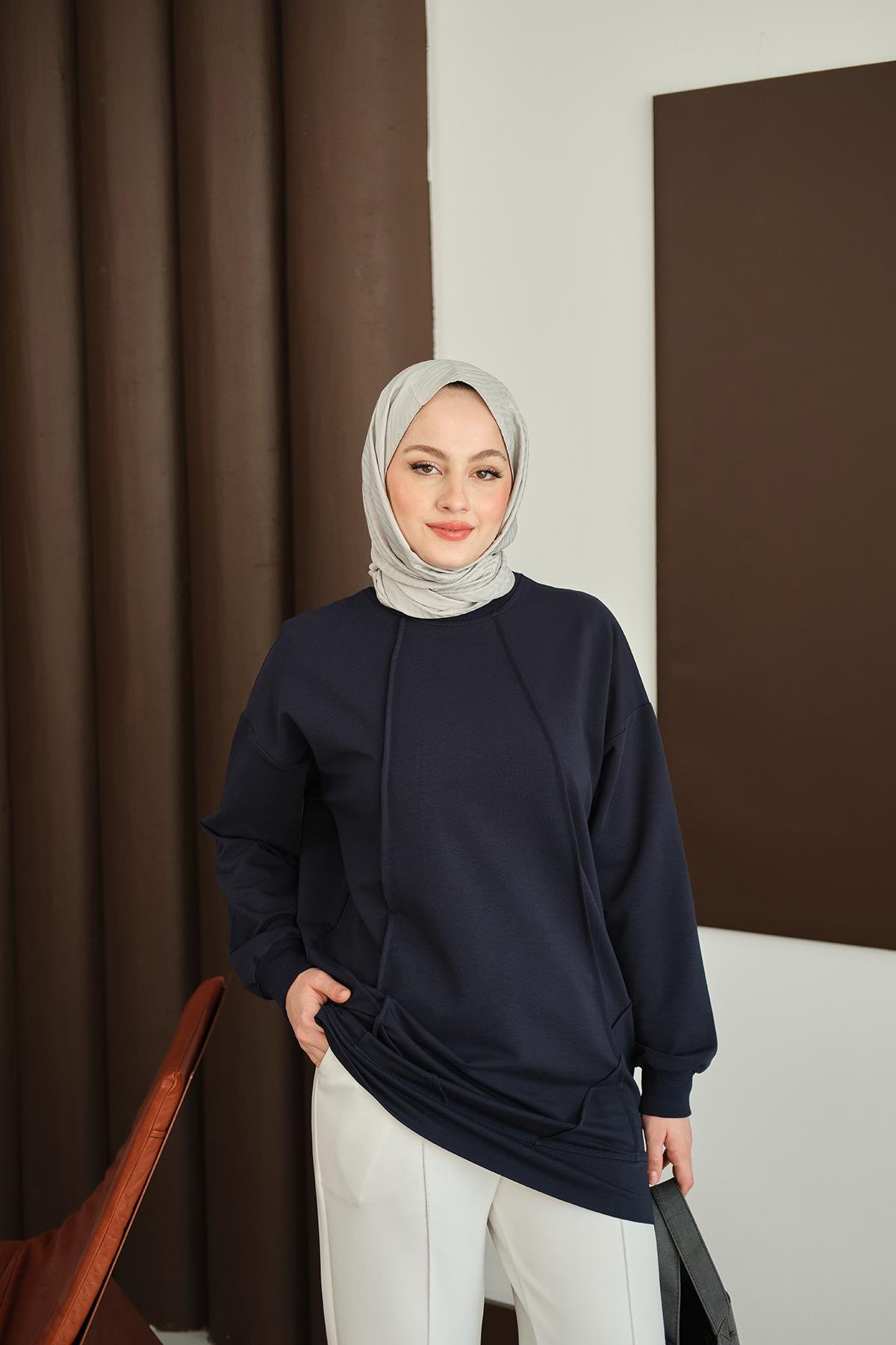 Önü Dikiş Detay Tunik Lacivert