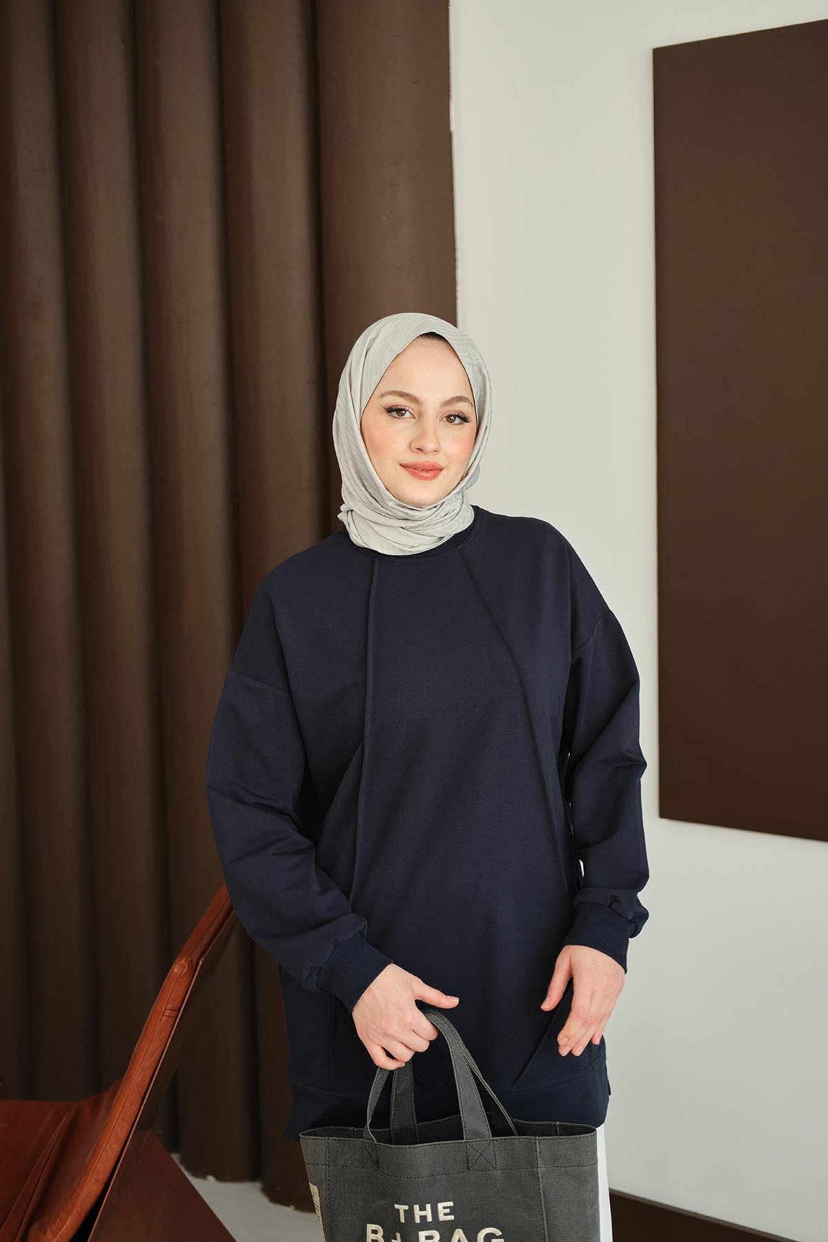 Önü Dikiş Detay Tunik Lacivert