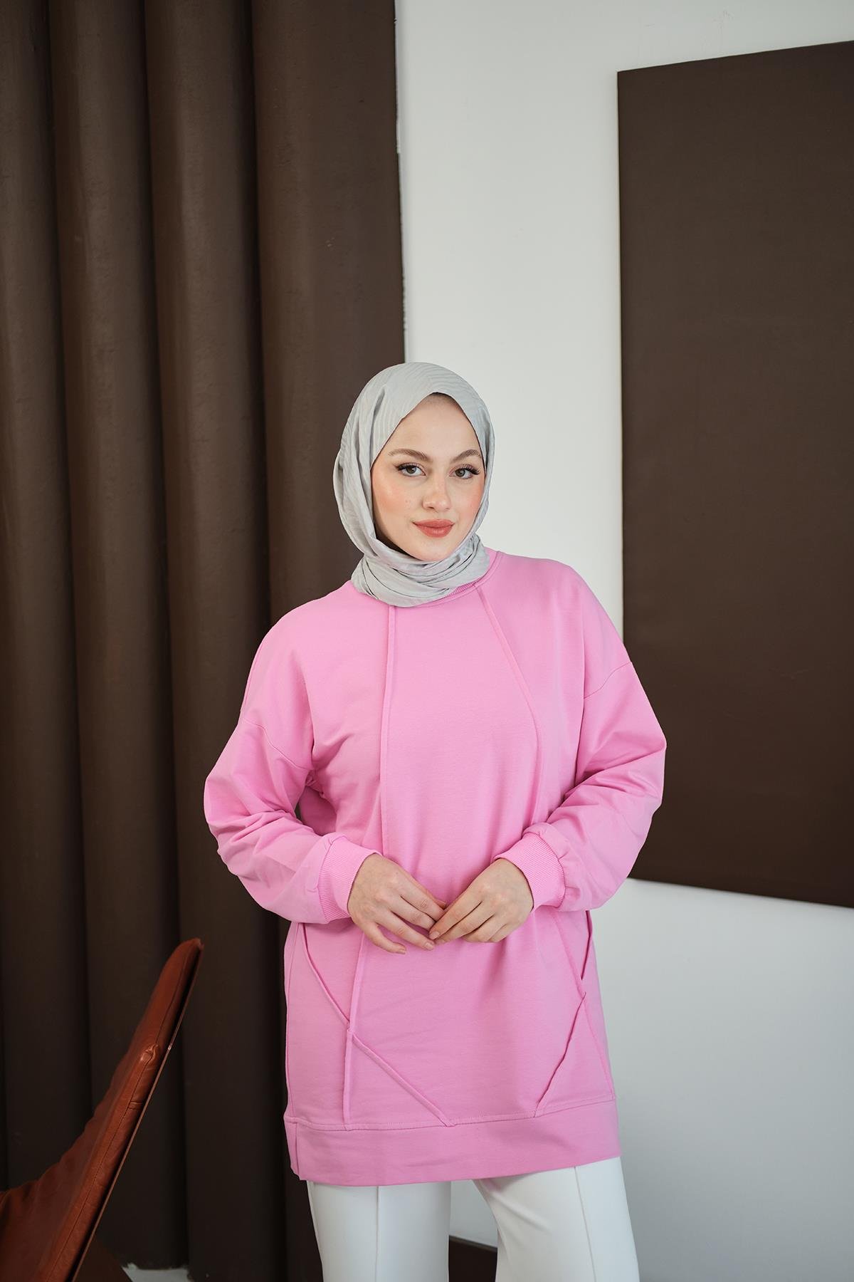 Önü Dikiş Detay Tunik Pembe