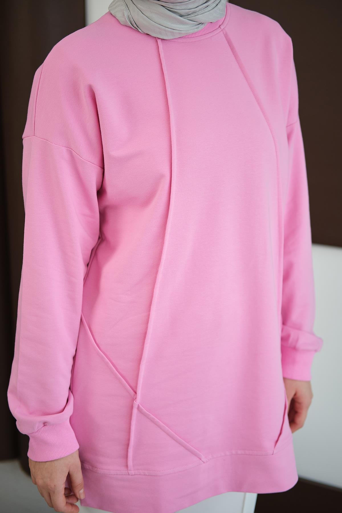 Önü Dikiş Detay Tunik Pembe