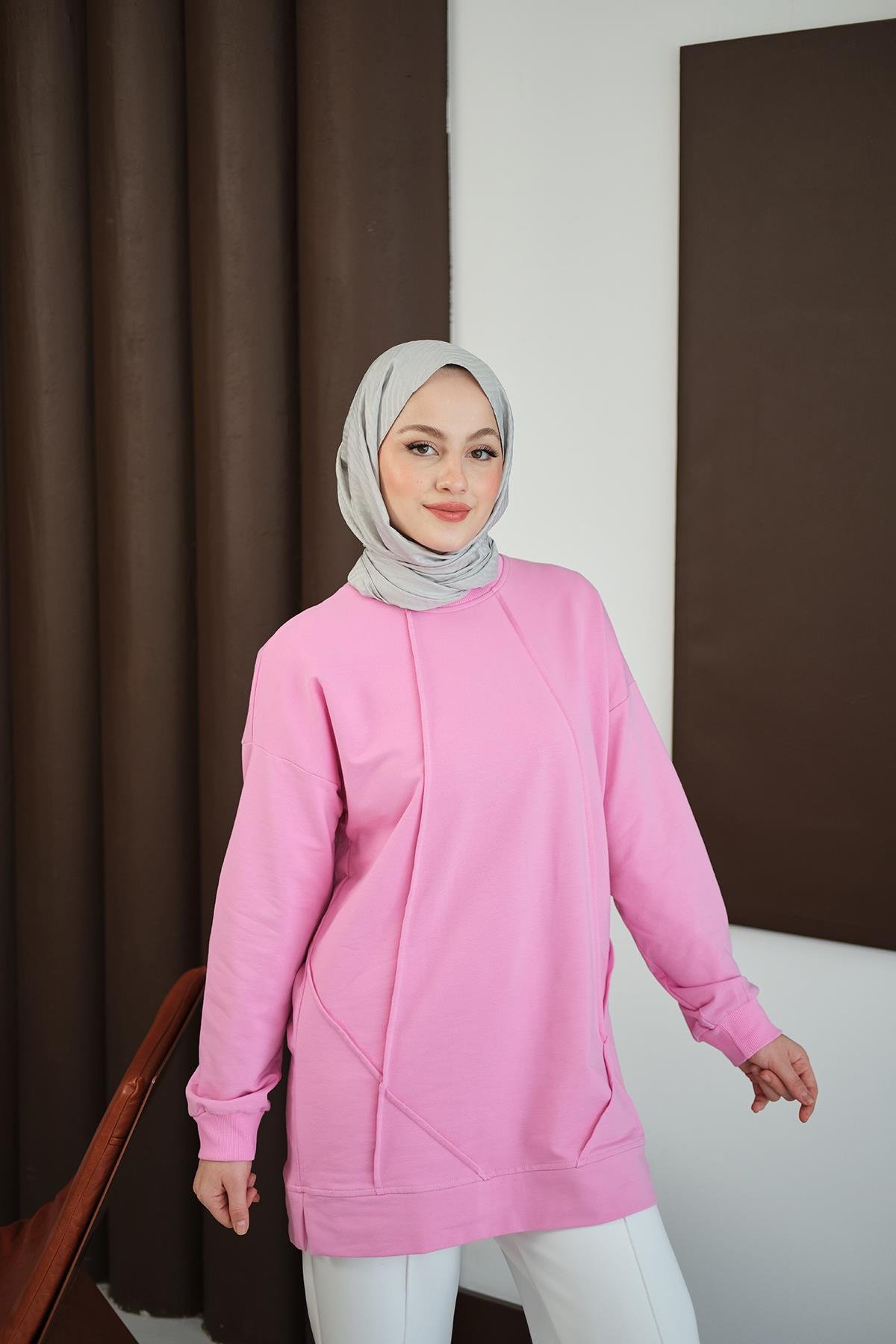 Önü Dikiş Detay Tunik Pembe