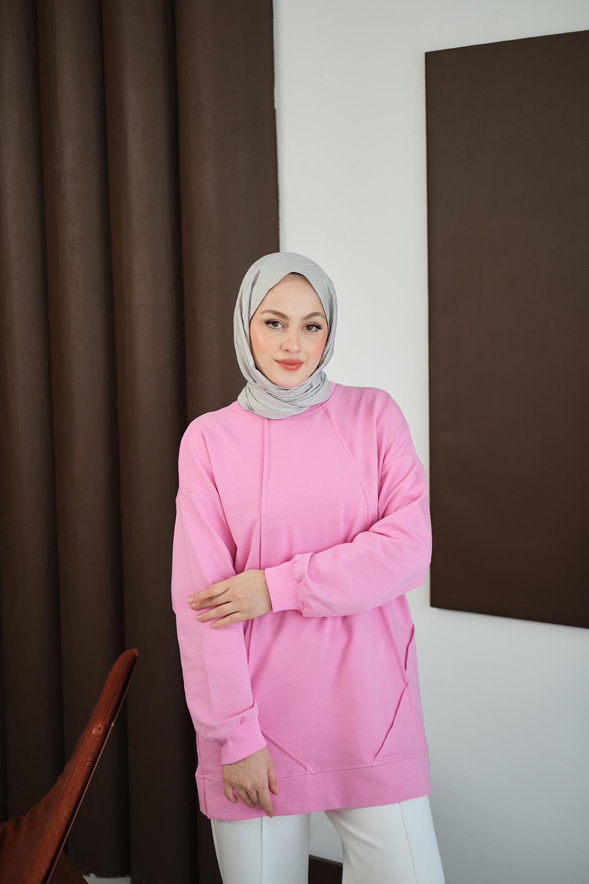 Önü Dikiş Detay Tunik Pembe