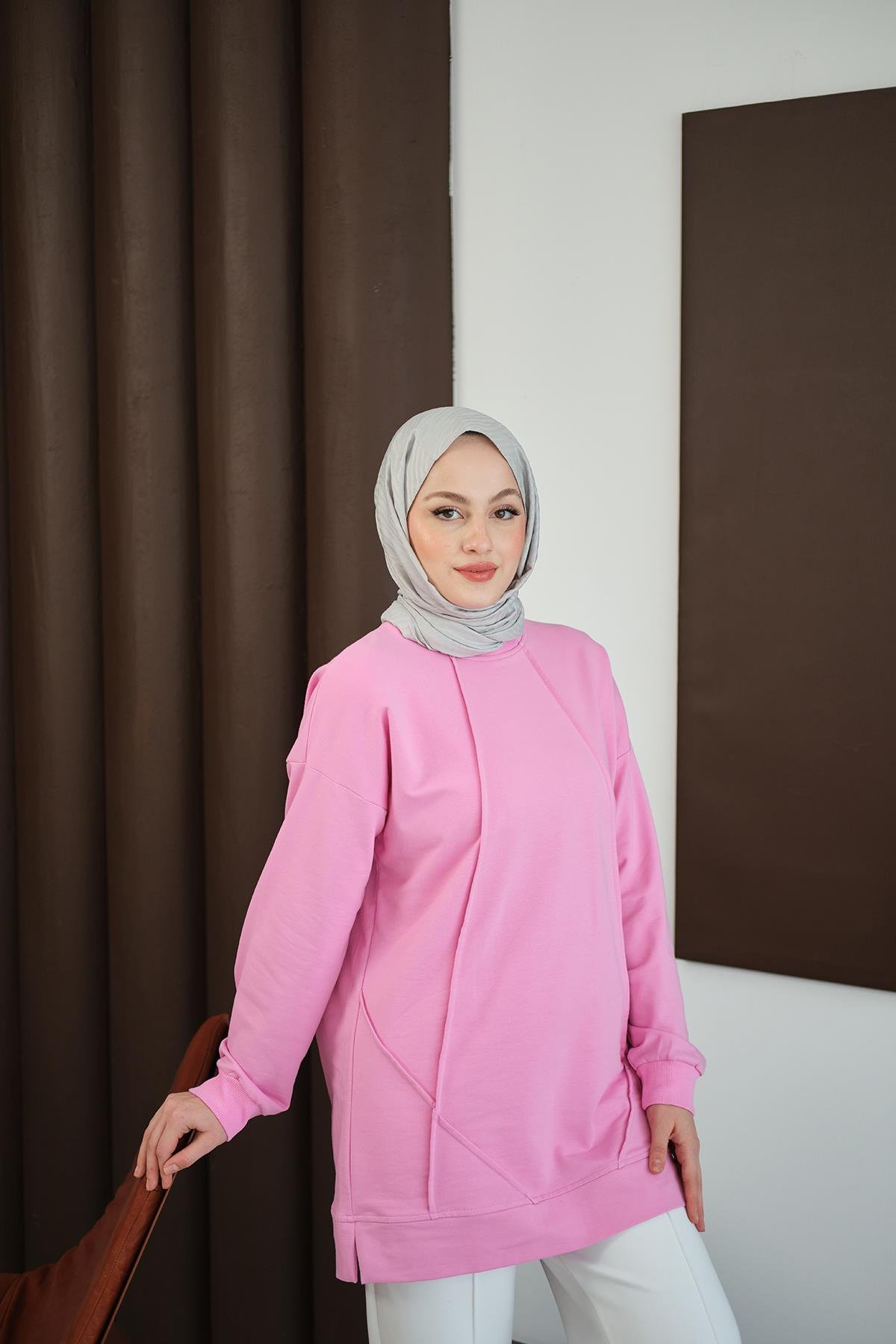 Önü Dikiş Detay Tunik Pembe