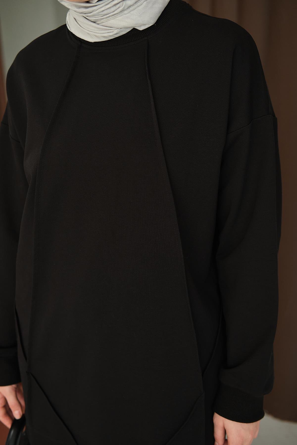 Önü Dikiş Detay Tunik Siyah