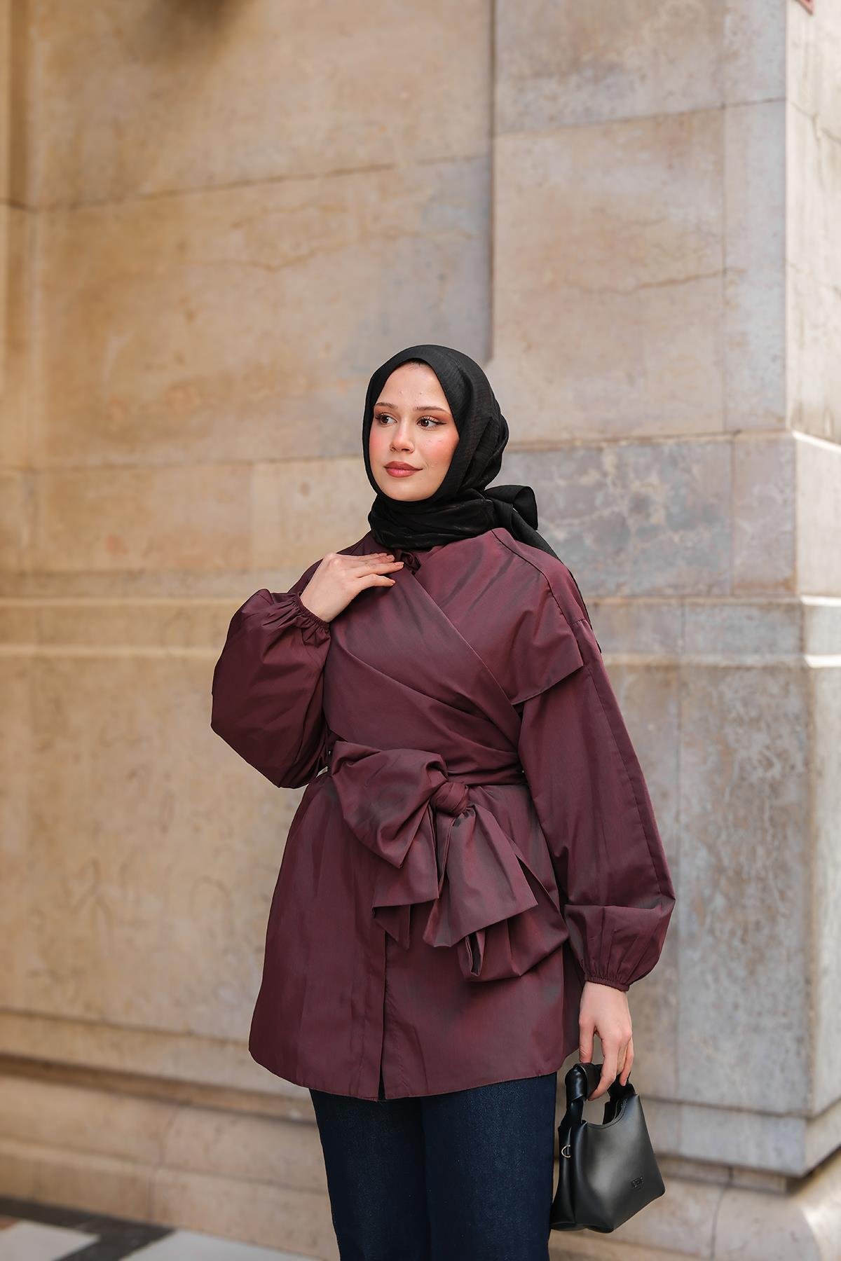 Önü Drape Detay Poplin Gömlek Bordo