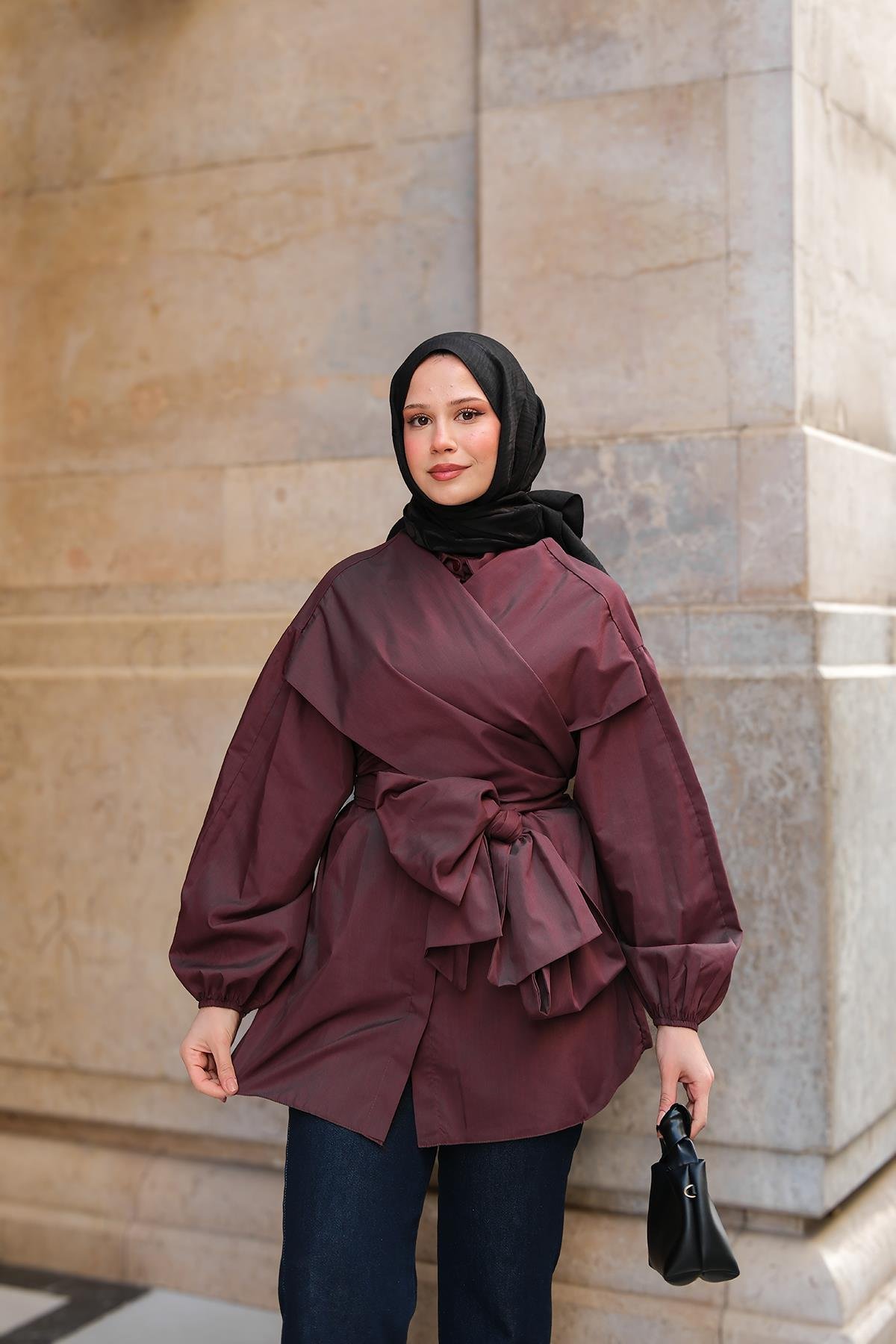 Önü Drape Detay Poplin Gömlek Bordo