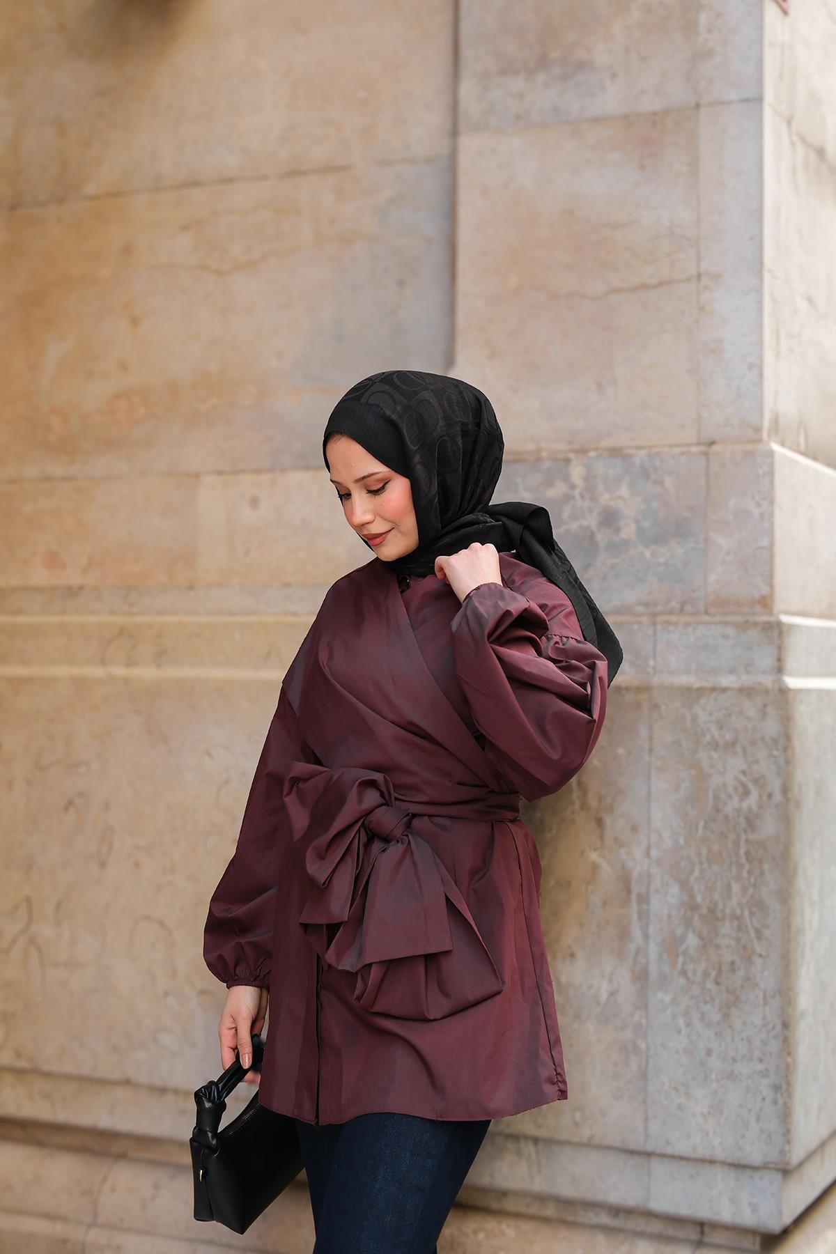 Önü Drape Detay Poplin Gömlek Bordo