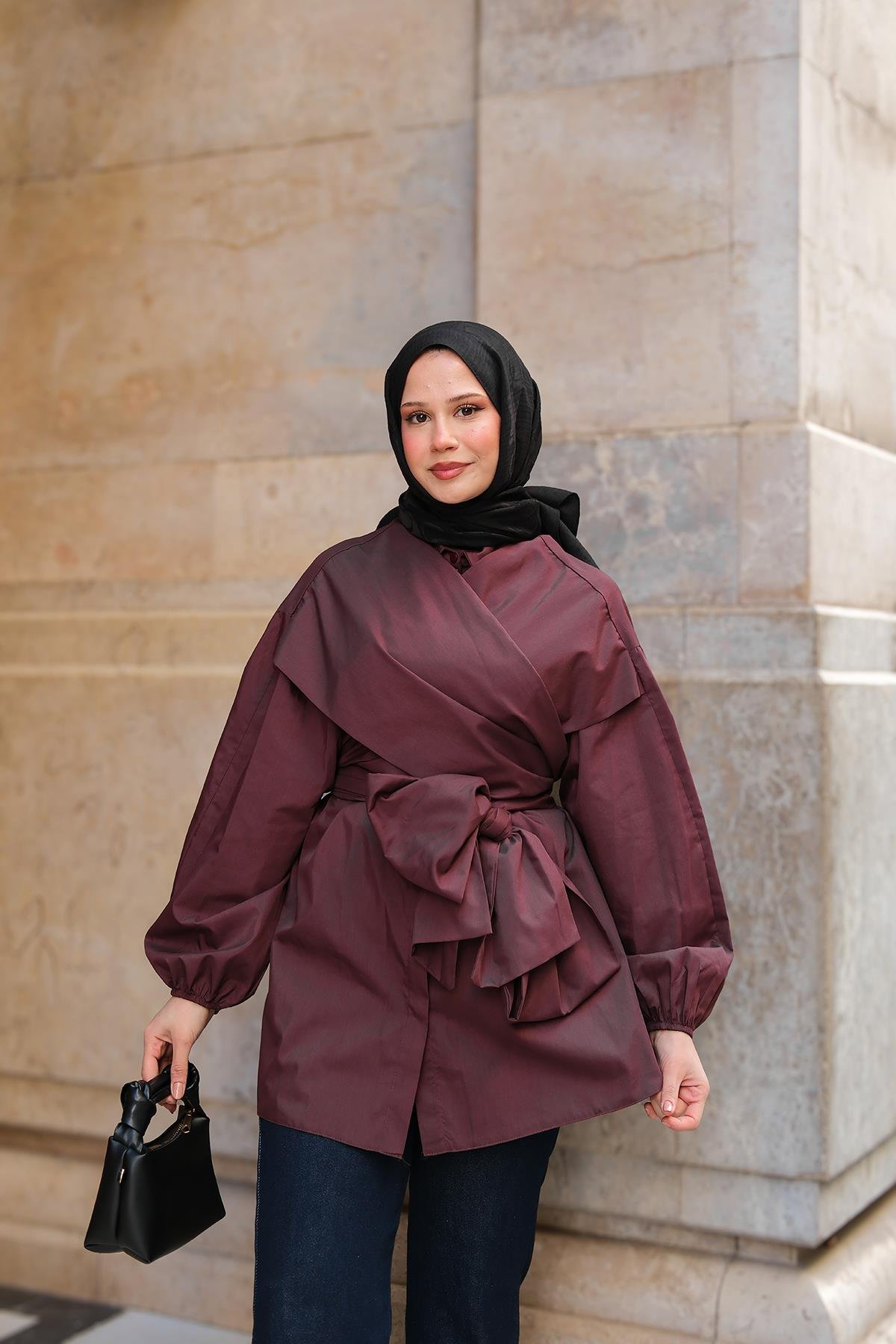 Önü Drape Detay Poplin Gömlek Bordo