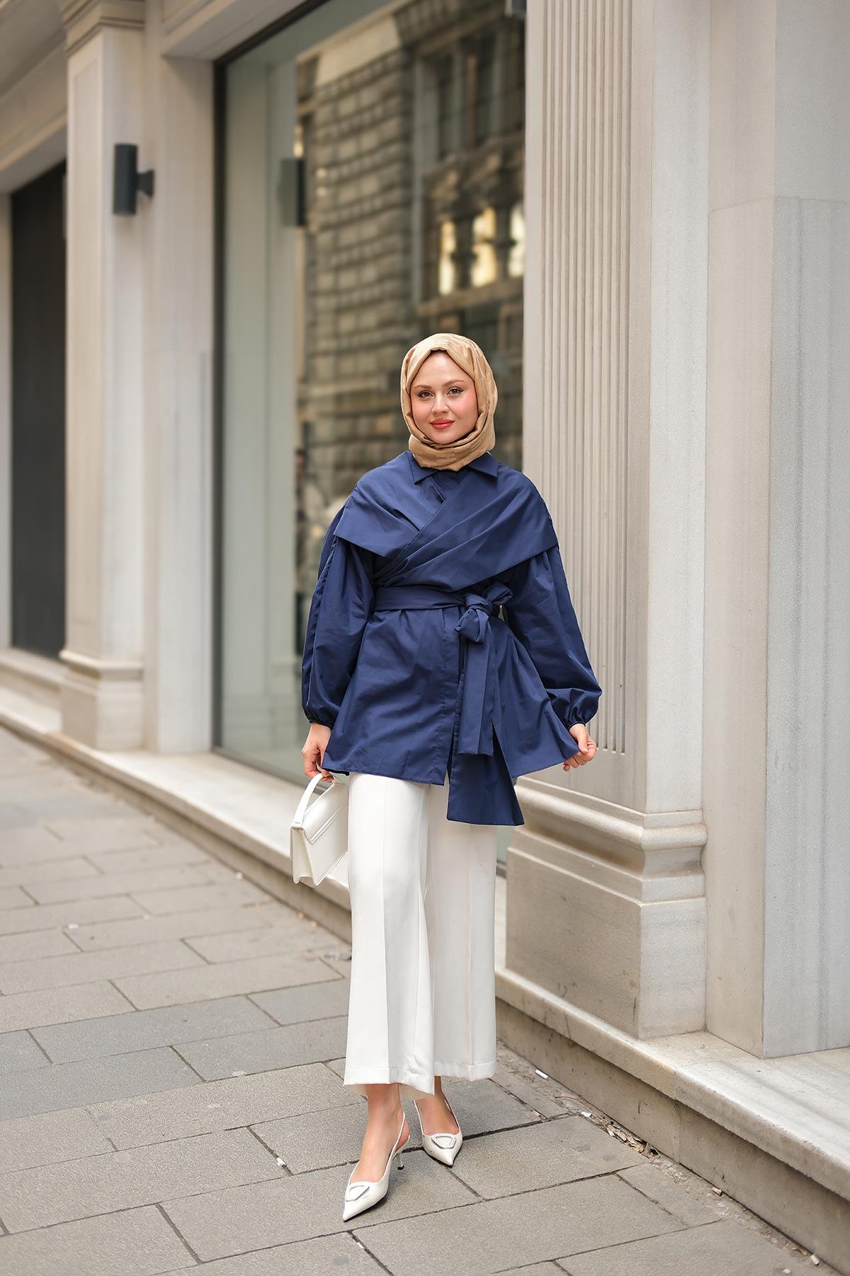 Önü Drape Detay Poplin Gömlek Lacivert